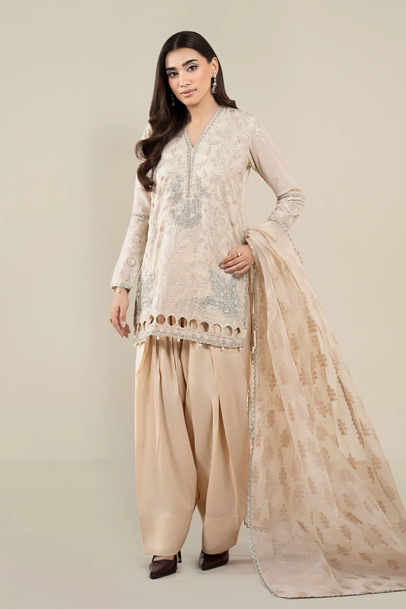 3 Piece Embroidered Paper Cotton Suit