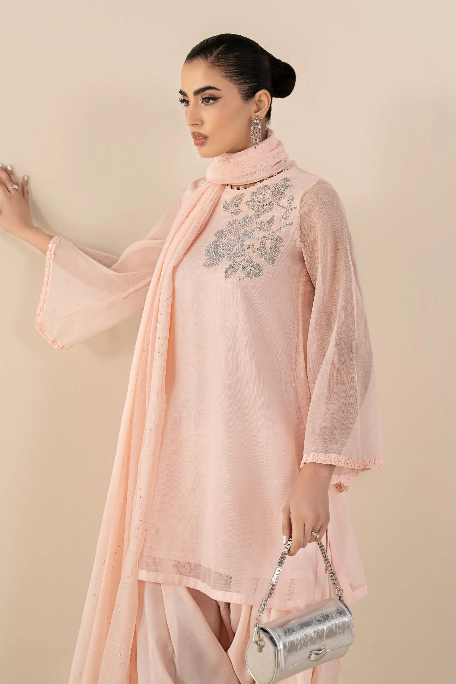 3 Piece Embellished Cotton Net Suit - Image 3