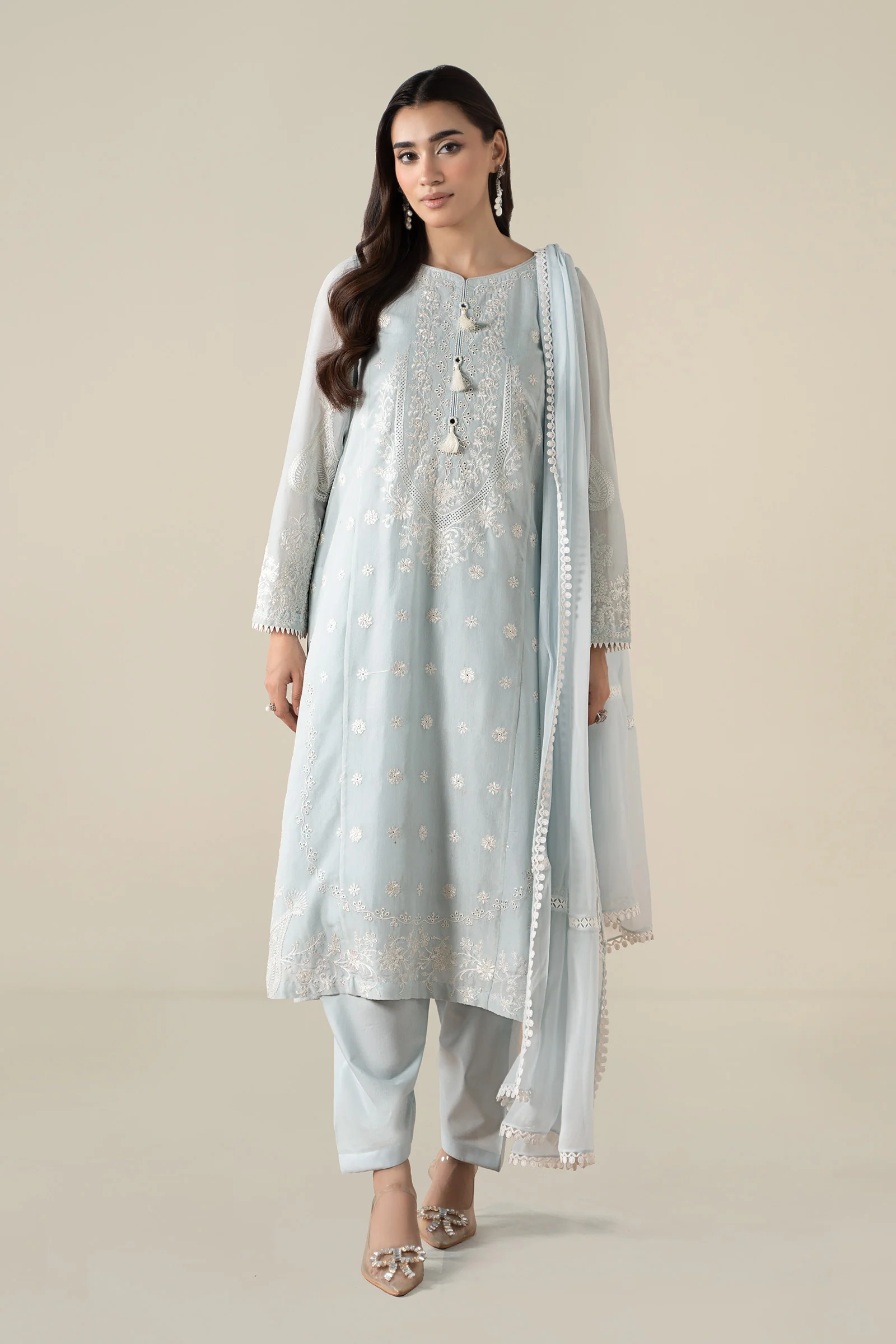 3 Piece Embroidered Paper Cotton Suit