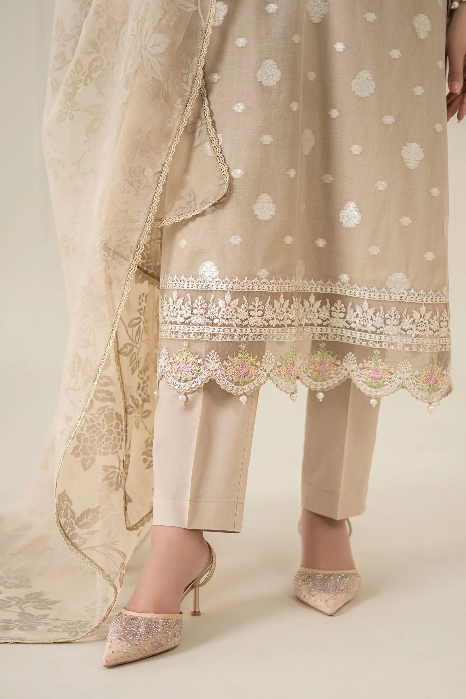 3 Piece Embroidered Paper Cotton Jacquard Suit - Image 4
