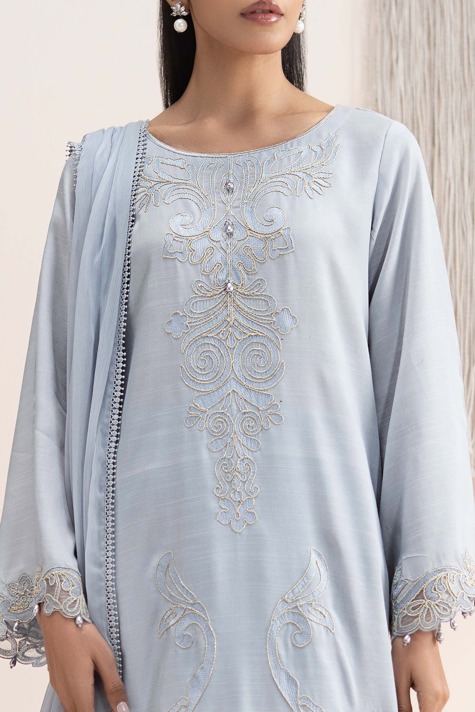 3 Piece Embroidered Raw Silk Suit - Image 3