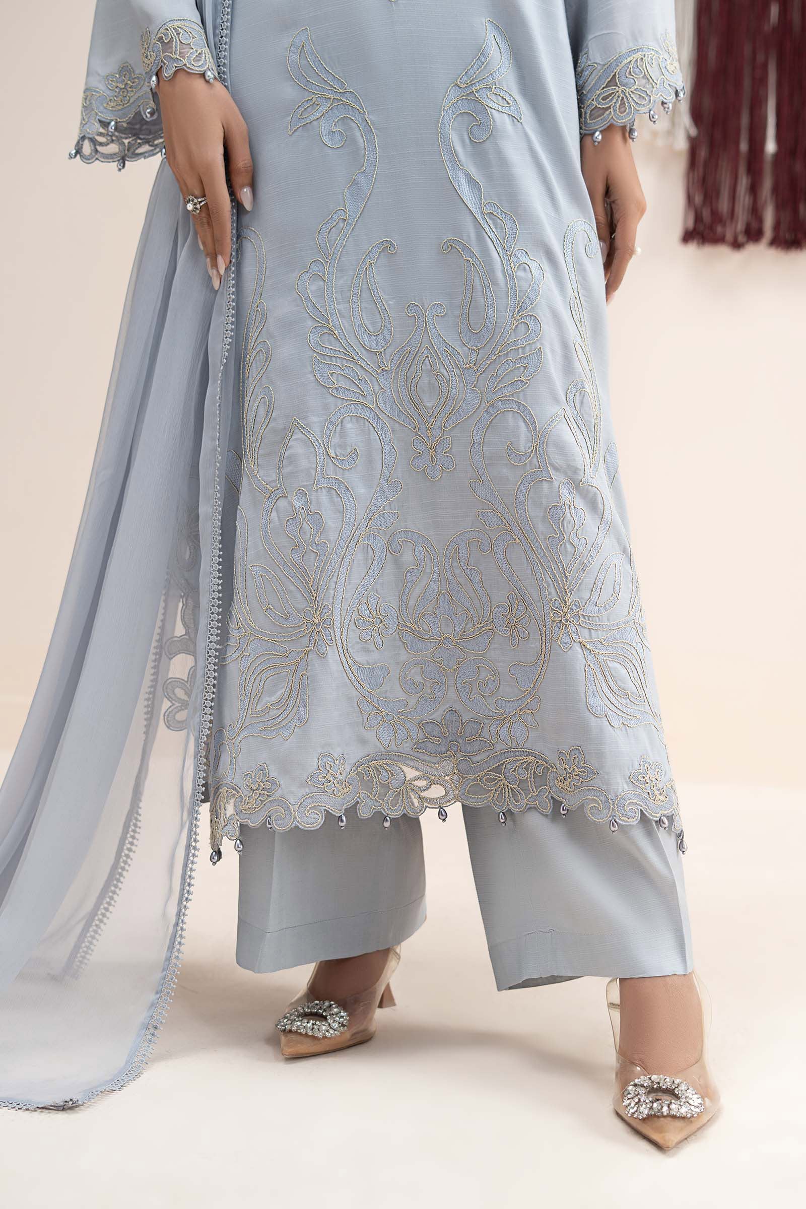 3 Piece Embroidered Raw Silk Suit - Image 7
