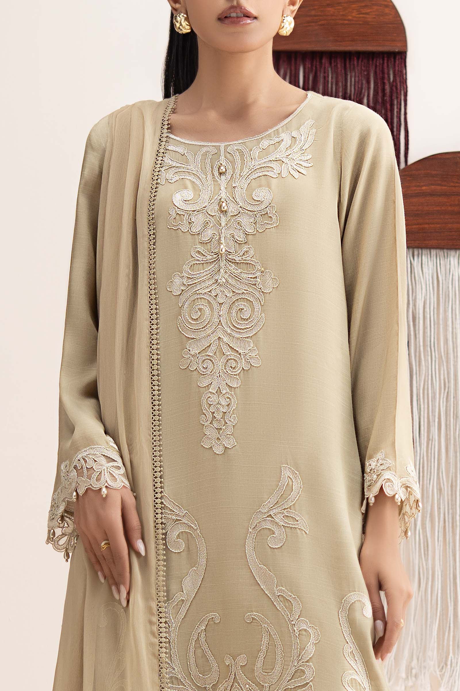 3 Piece Embroidered Raw Silk Suit - Image 3