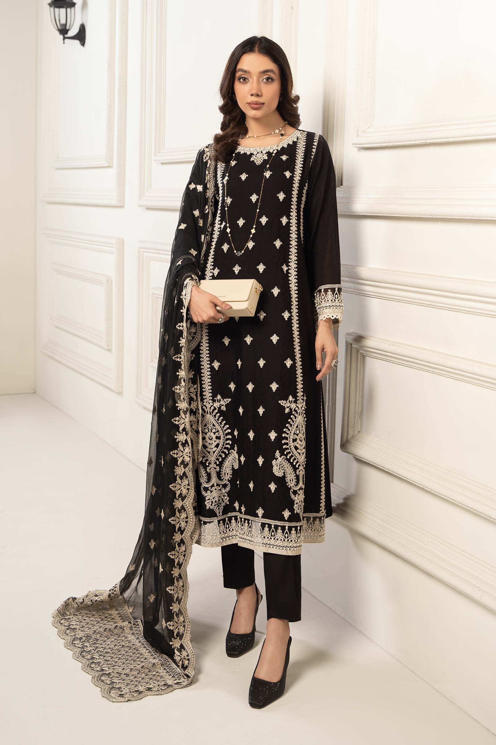 3 Piece Embroidered Self Jacquard Suit - Image 2