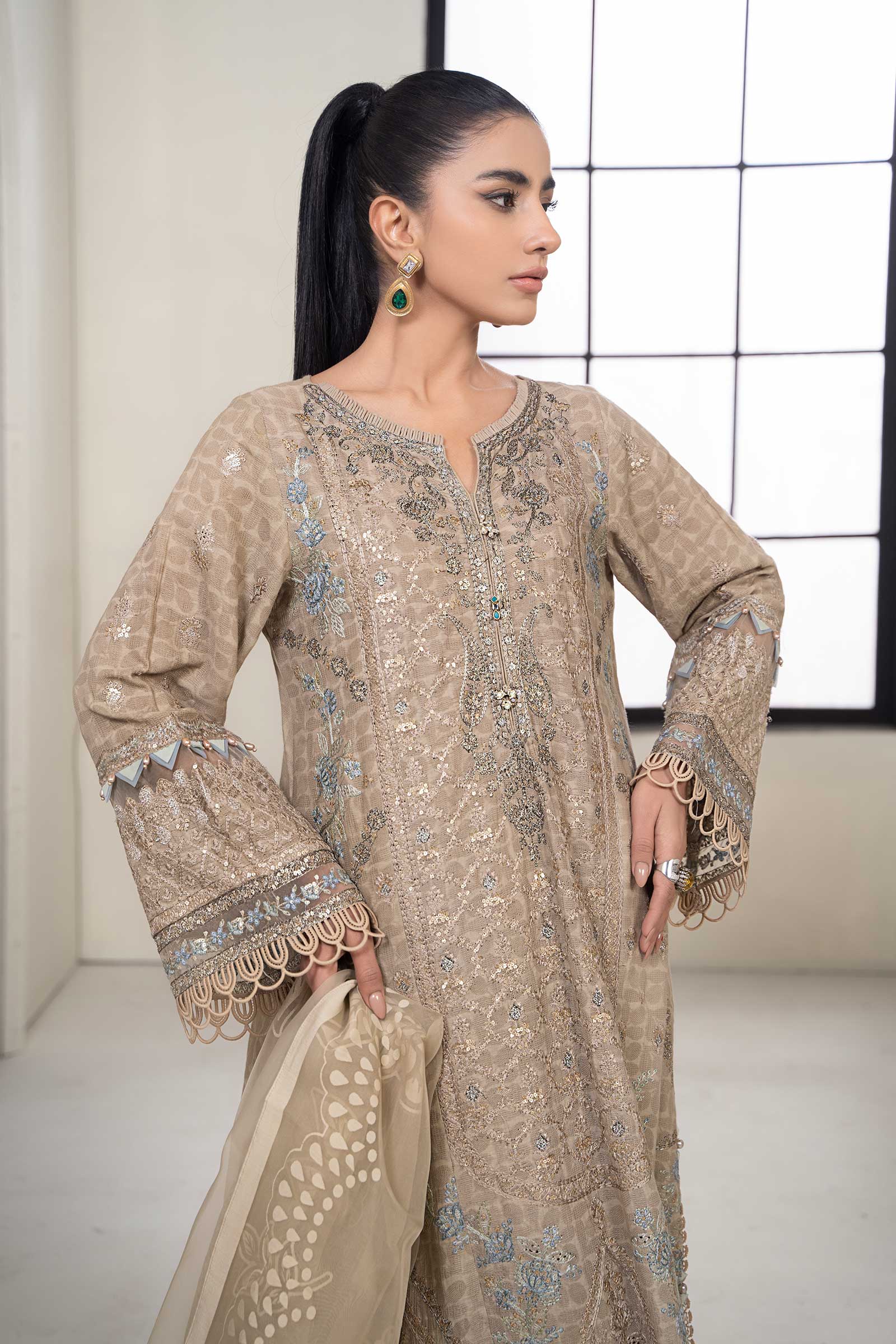 3 Piece Embroidered Self Jacquard Suit - Image 4
