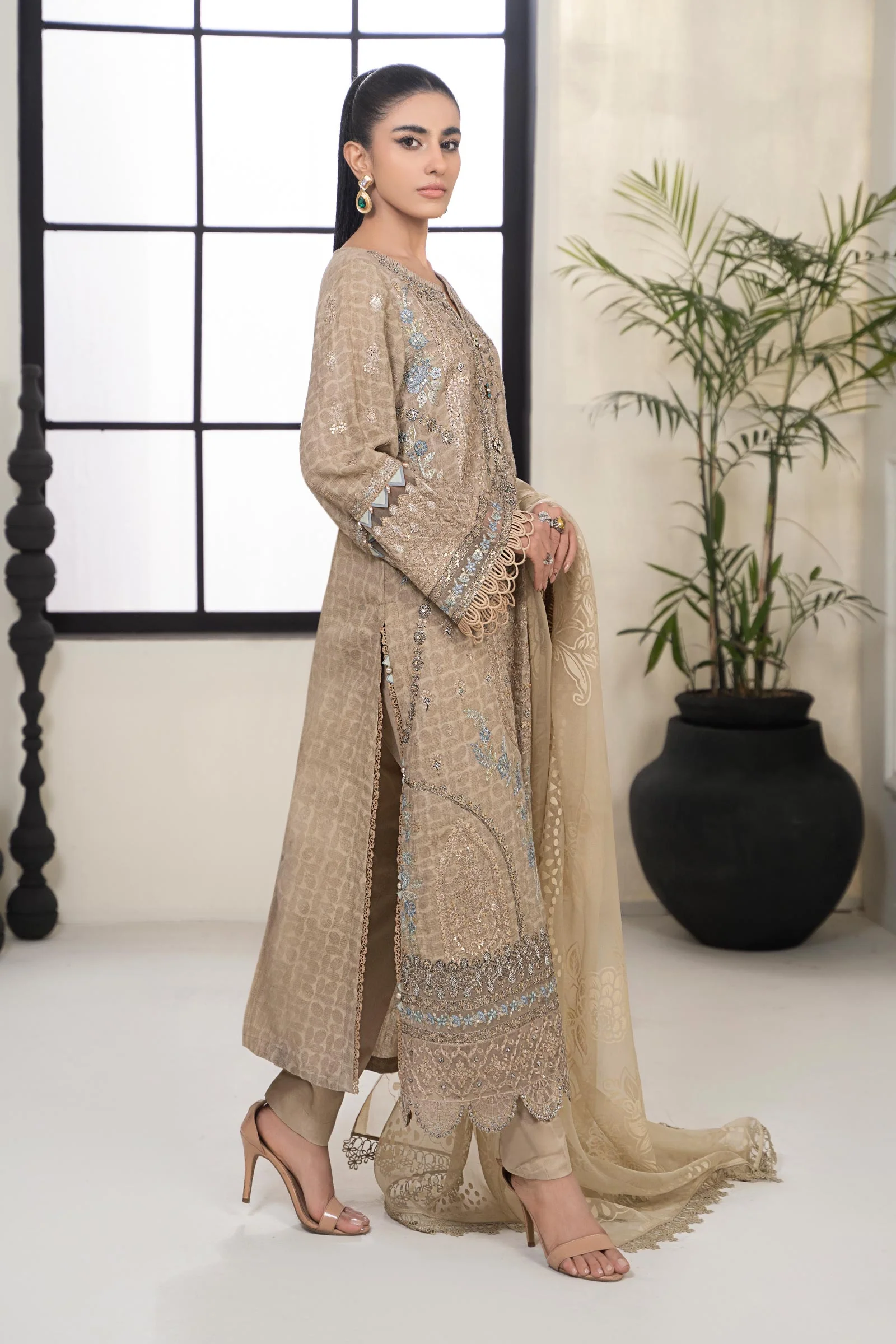 3 Piece Embroidered Self Jacquard Suit - Image 7