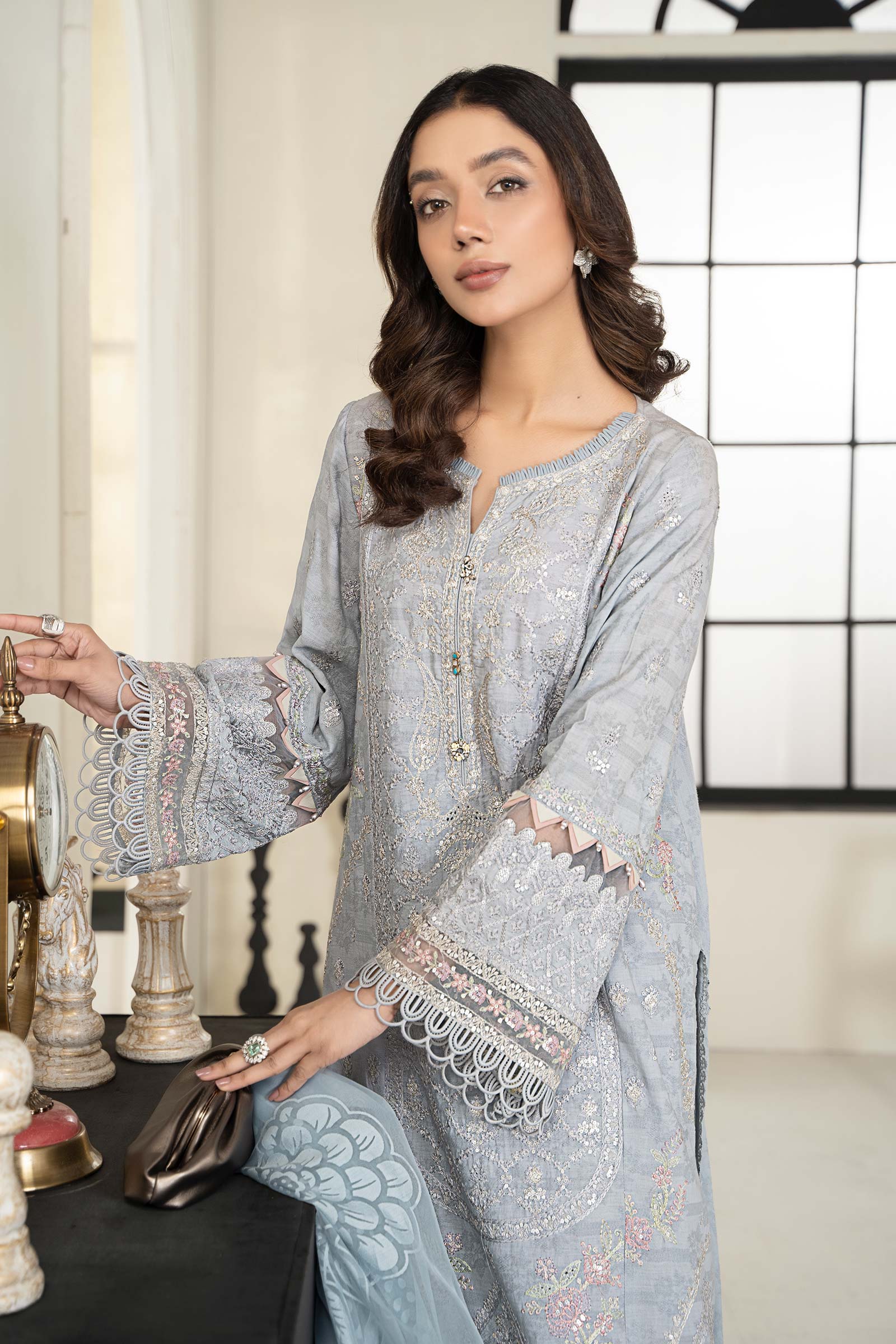 3 Piece Embroidered Self Jacquard Suit - Image 3
