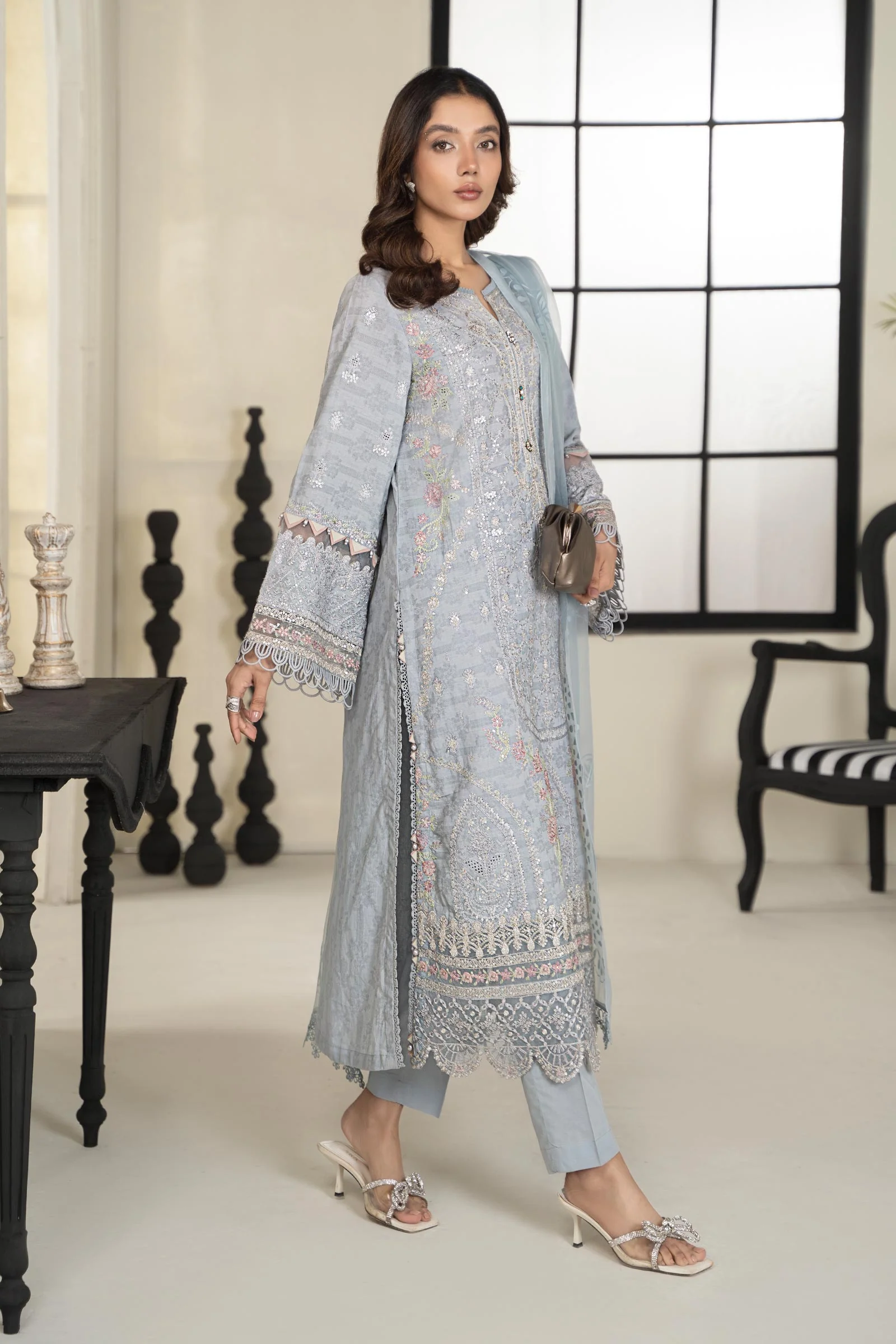 3 Piece Embroidered Self Jacquard Suit - Image 5