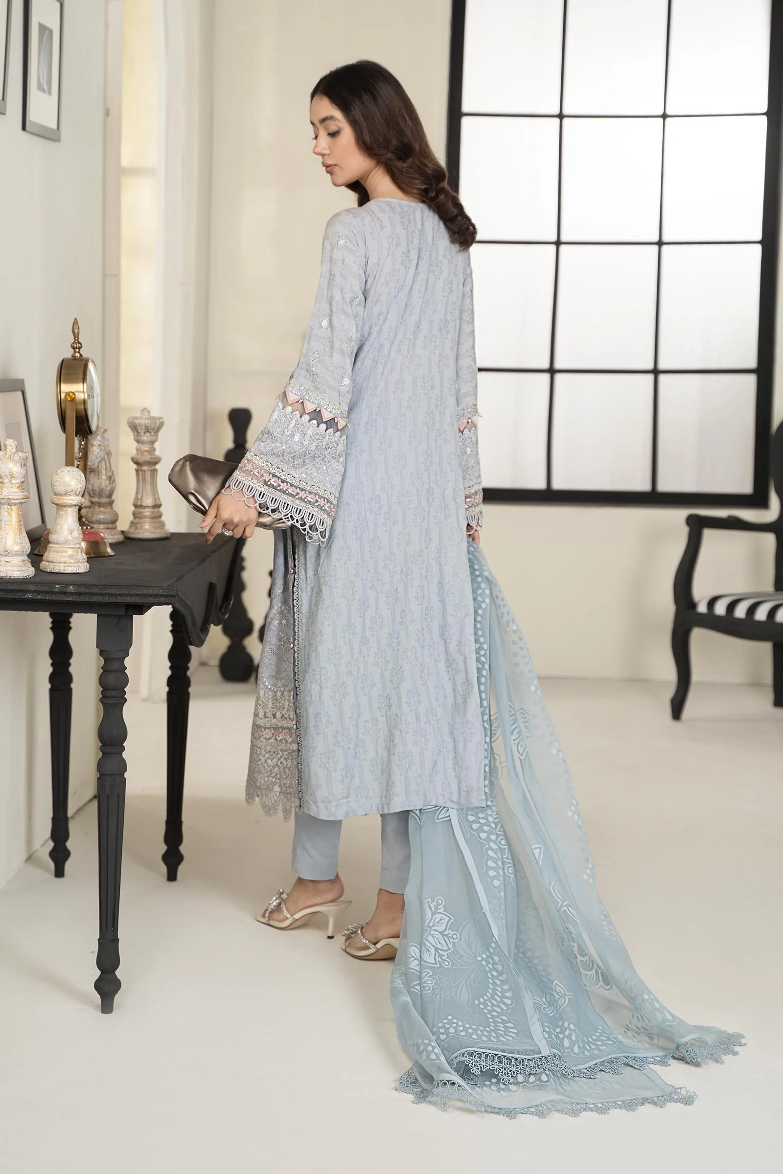 3 Piece Embroidered Self Jacquard Suit - Image 6