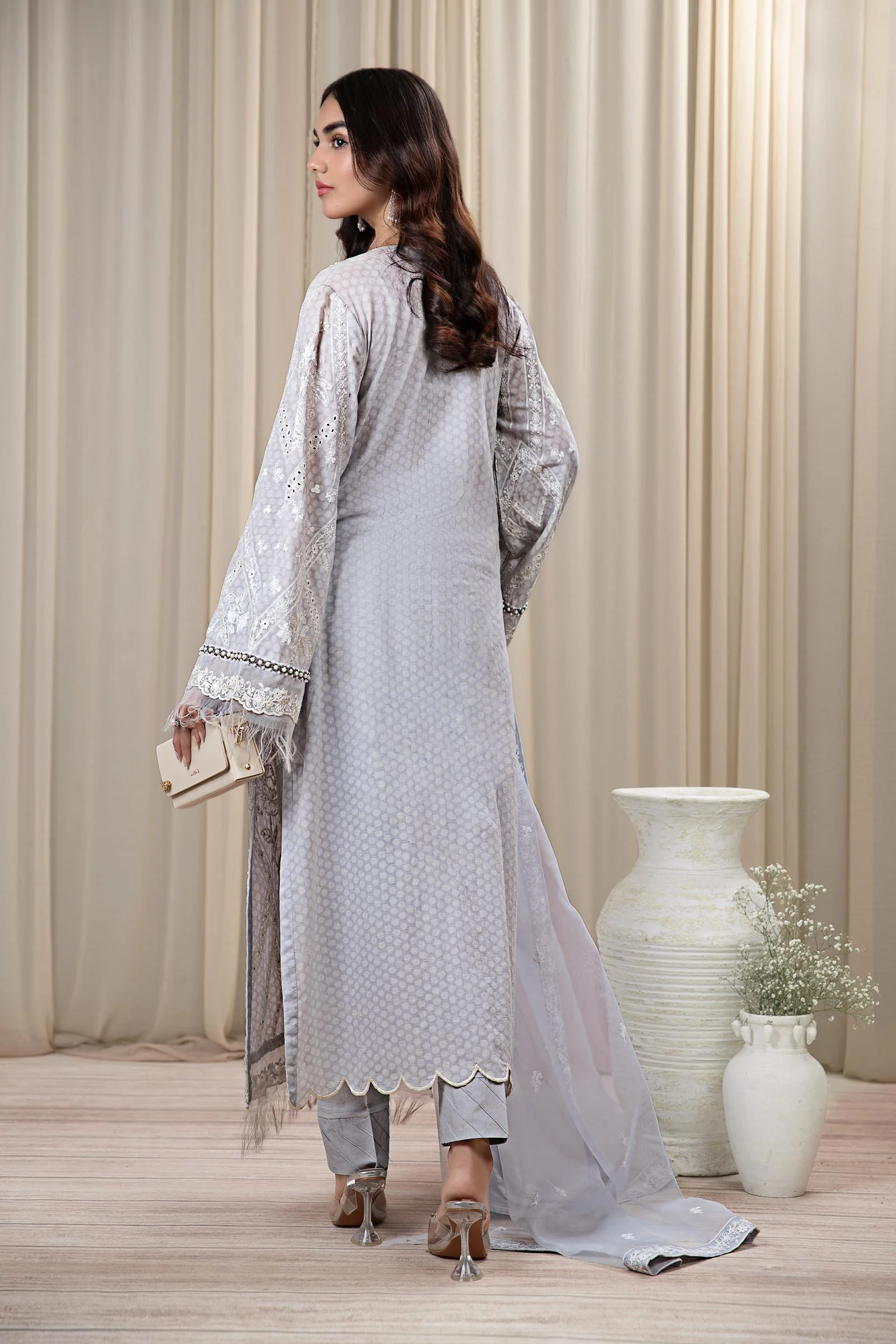 3 Piece Embroidered Self Jacquard Suit - Image 6