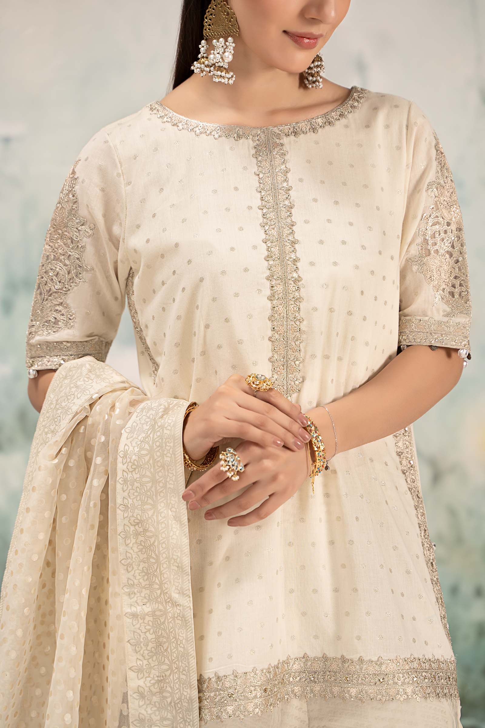 3 Piece Embroidered Cotton Lurex Suit - Image 4