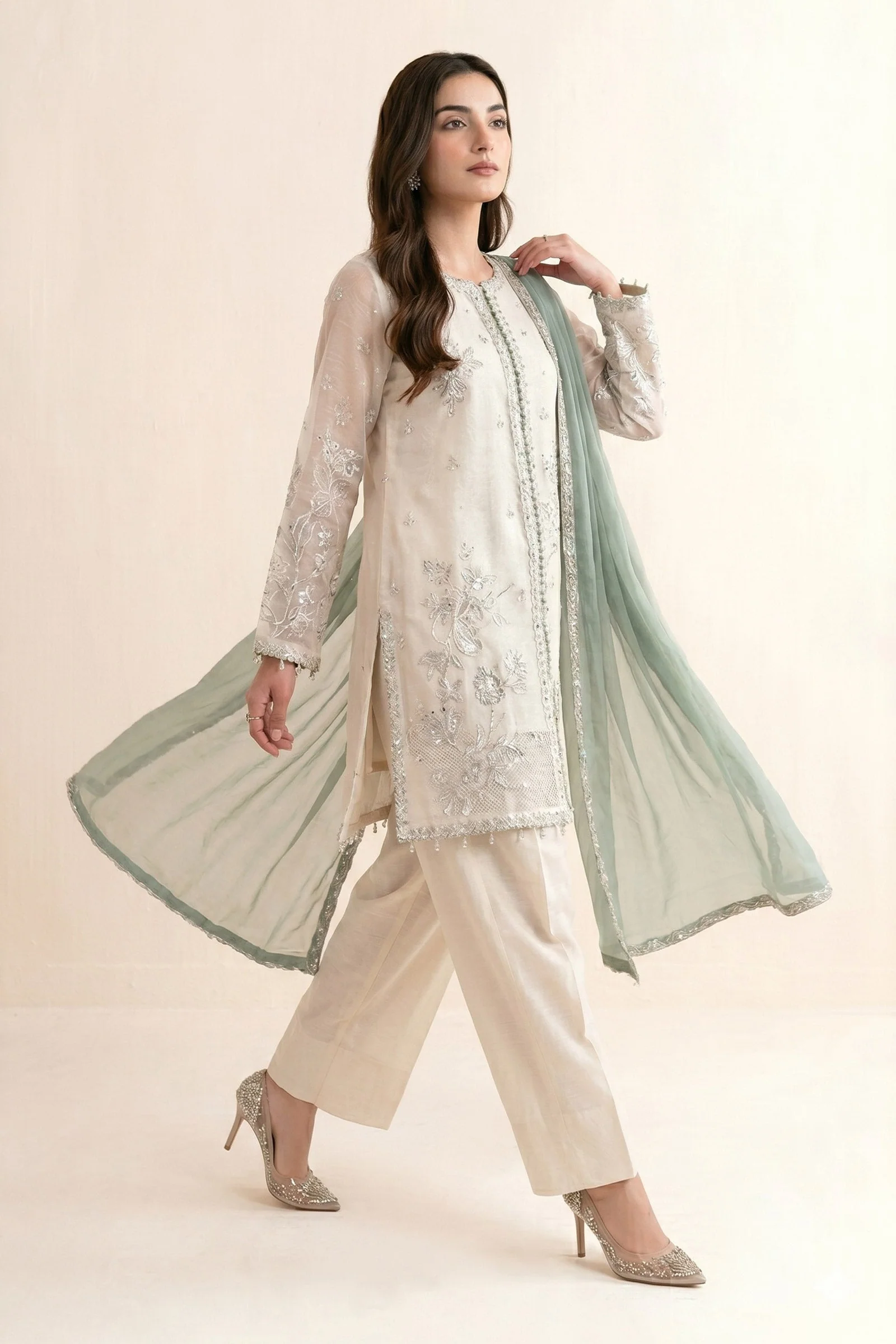 3 Piece Embroidered Cotton Net Suit - Image 7