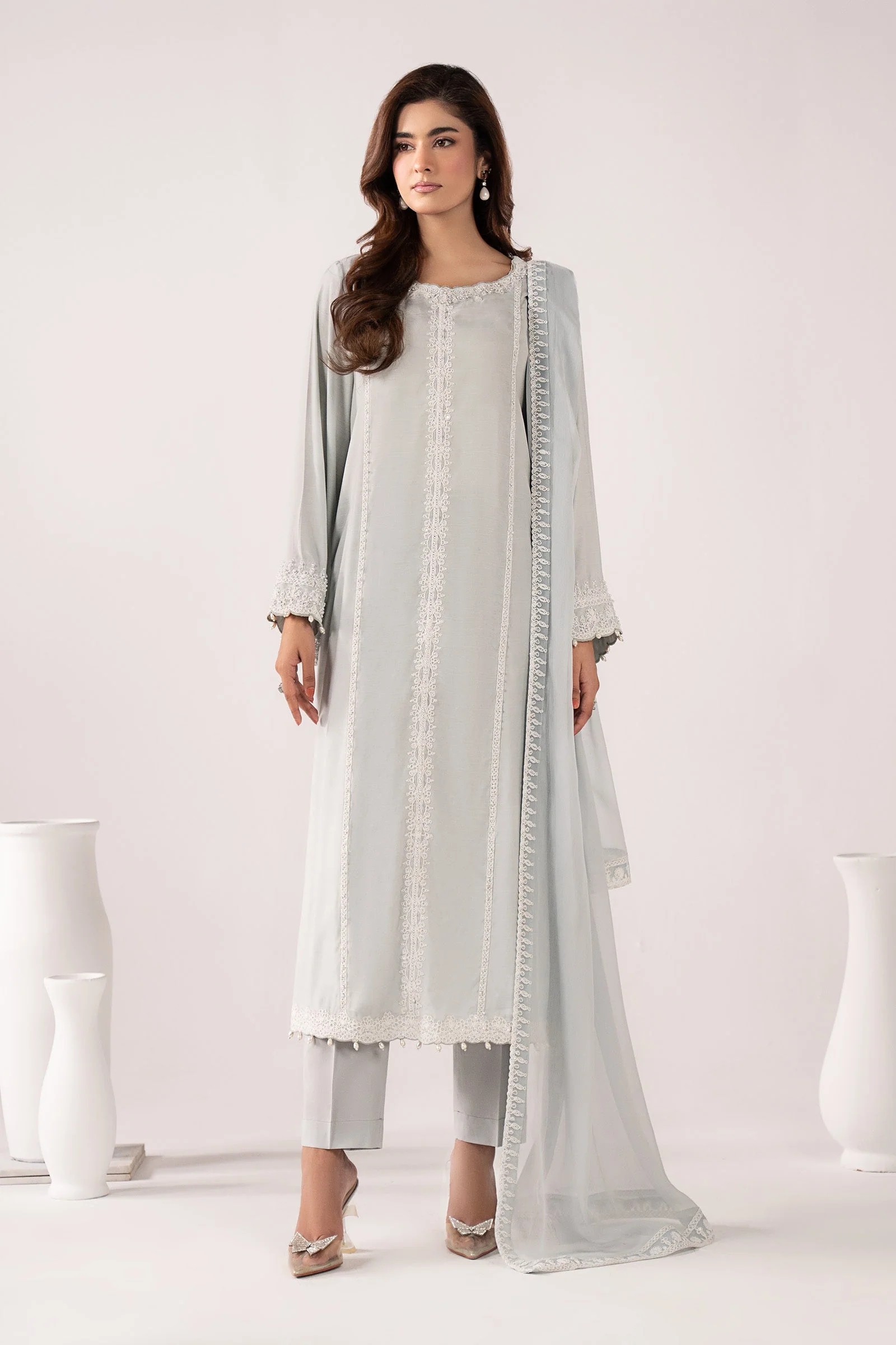 3 Piece Embroidered Raw Silk Suit - Image 2