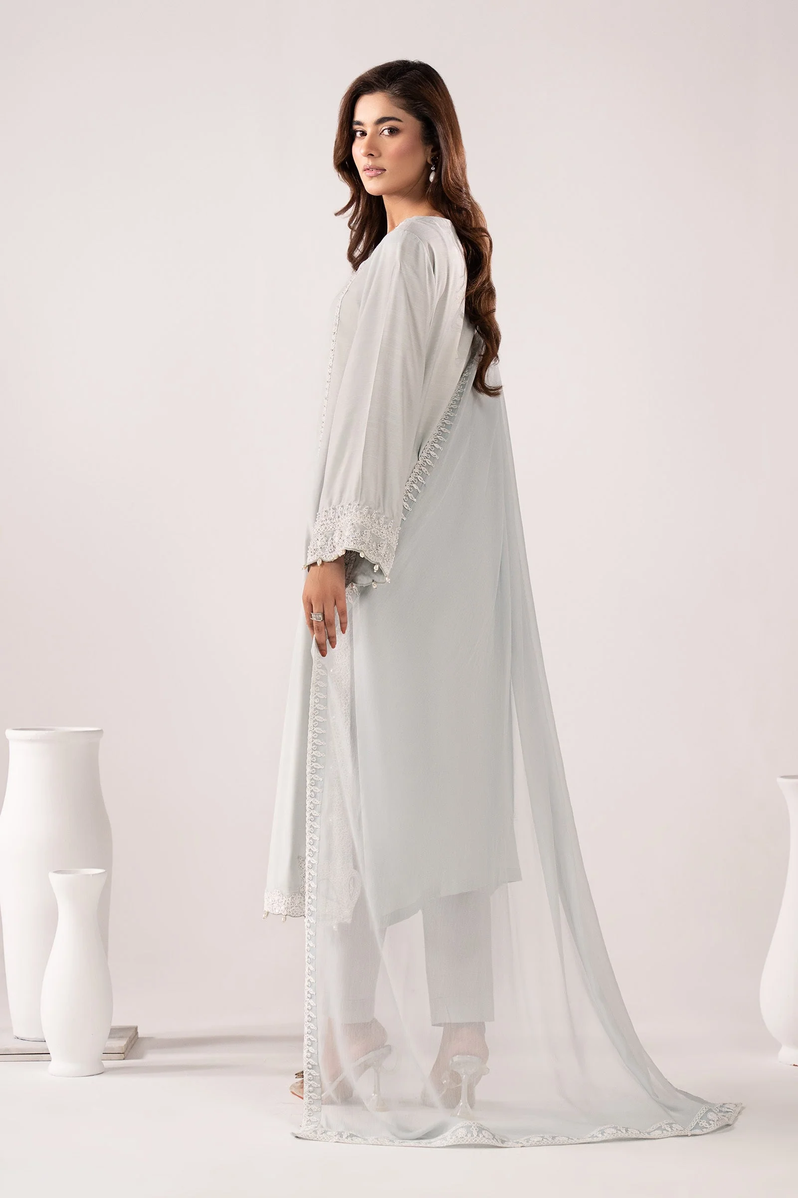 3 Piece Embroidered Raw Silk Suit - Image 8