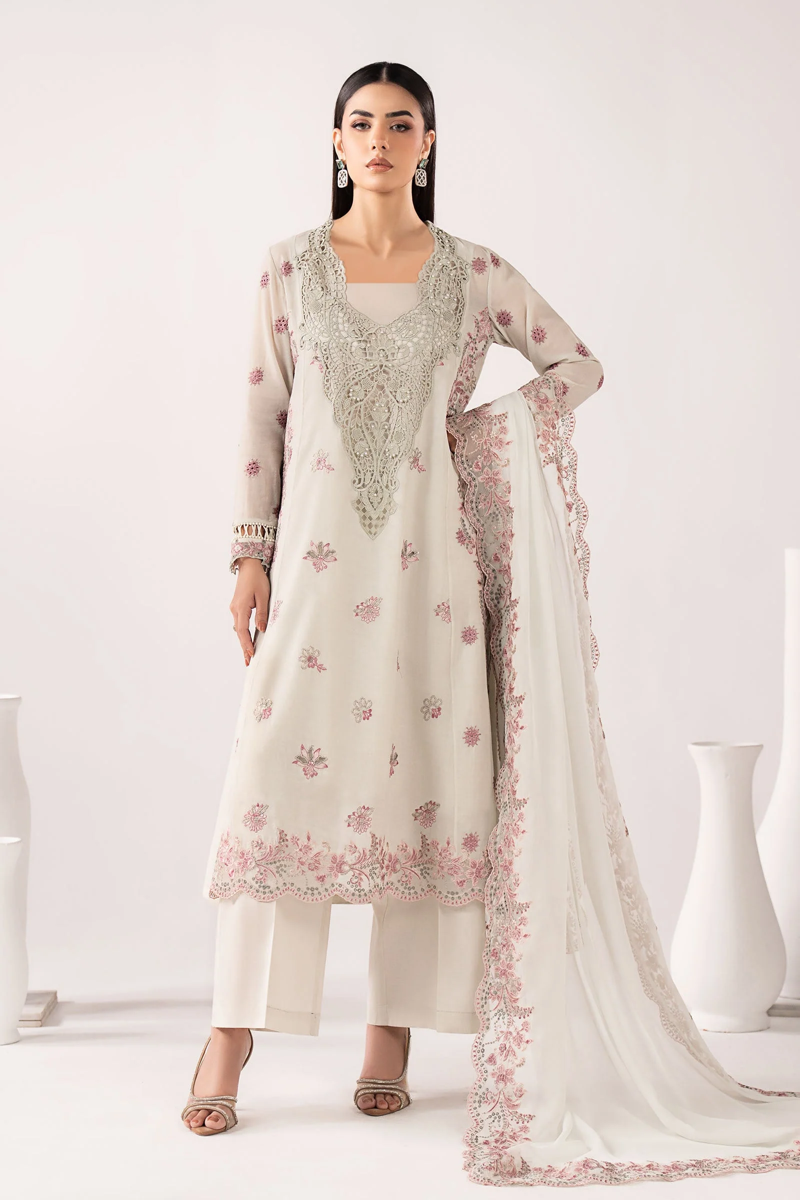 3 Piece Embroidered Paper Cotton Suit