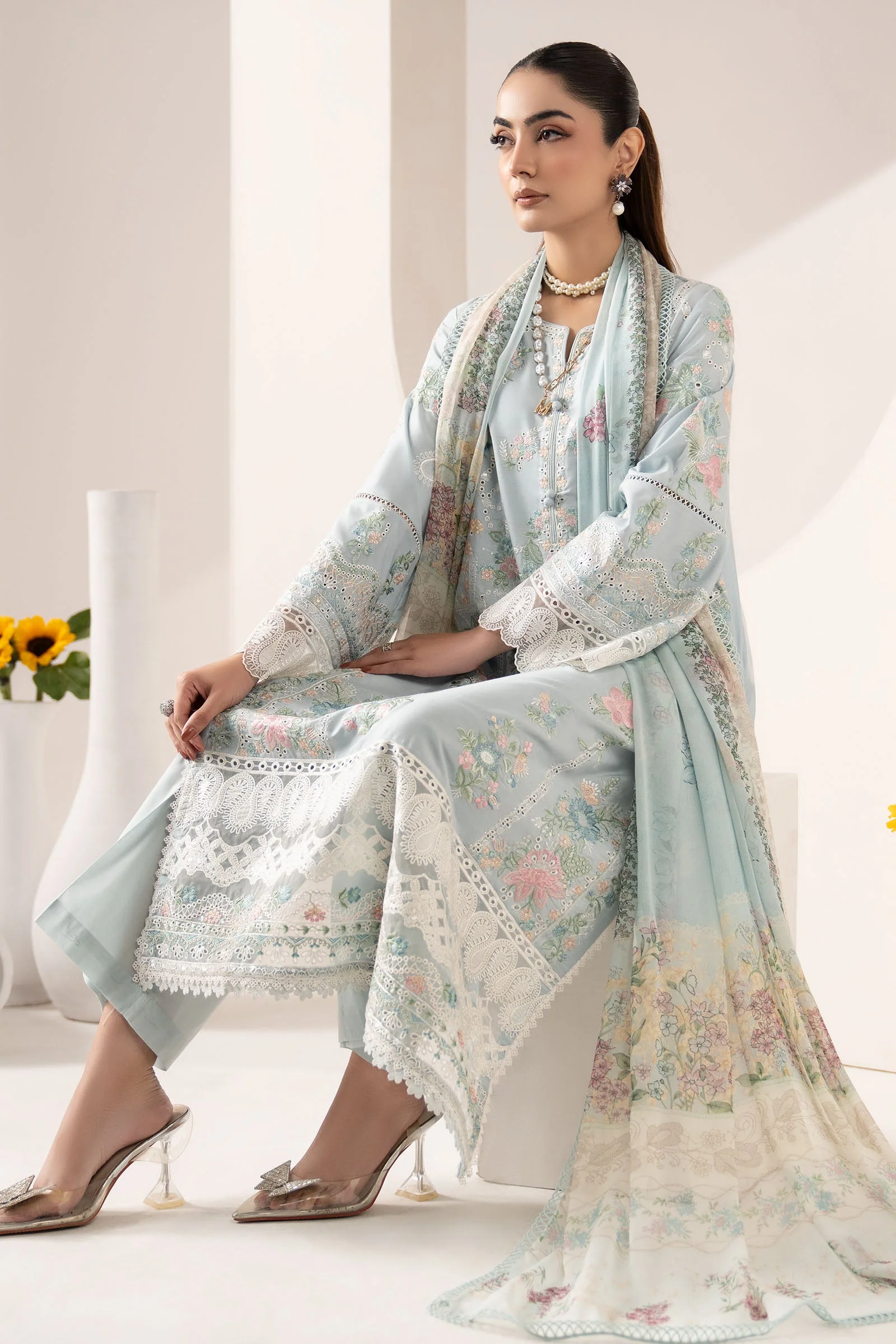 3 Piece Embroidered Paper Silk Suit - Image 2