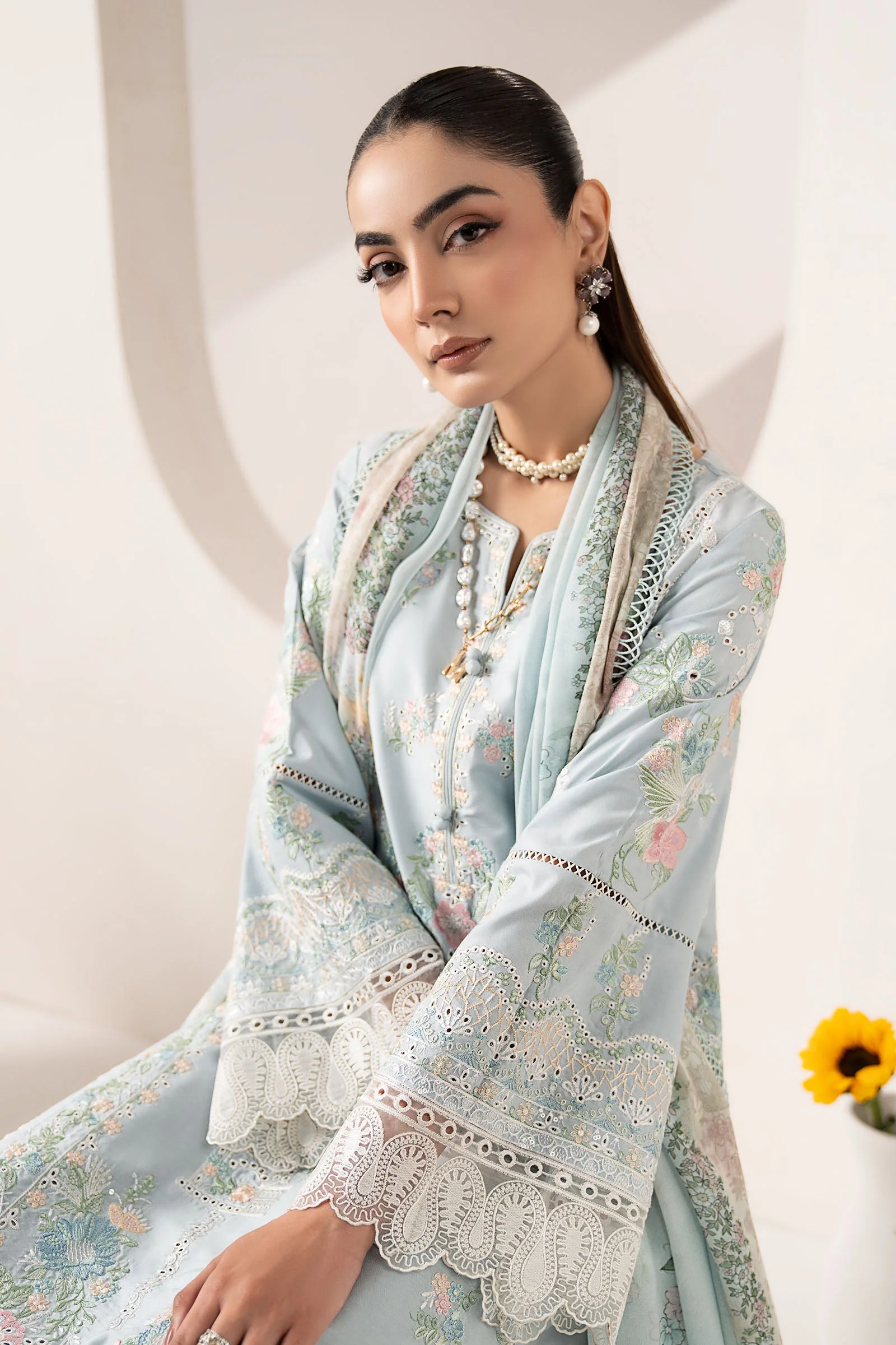 3 Piece Embroidered Paper Silk Suit - Image 3