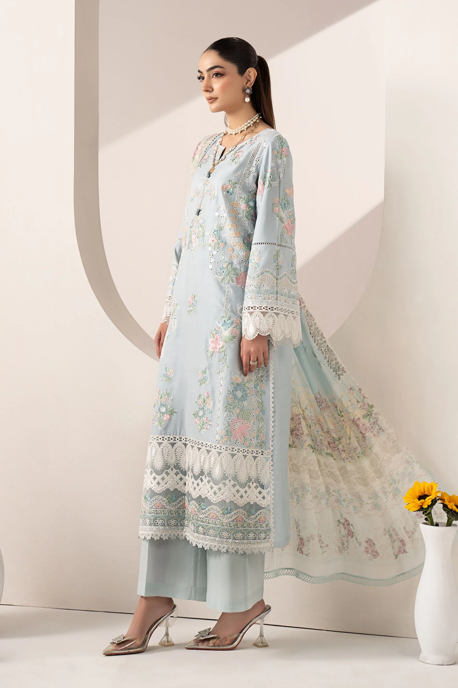 3 Piece Embroidered Paper Silk Suit - Image 7