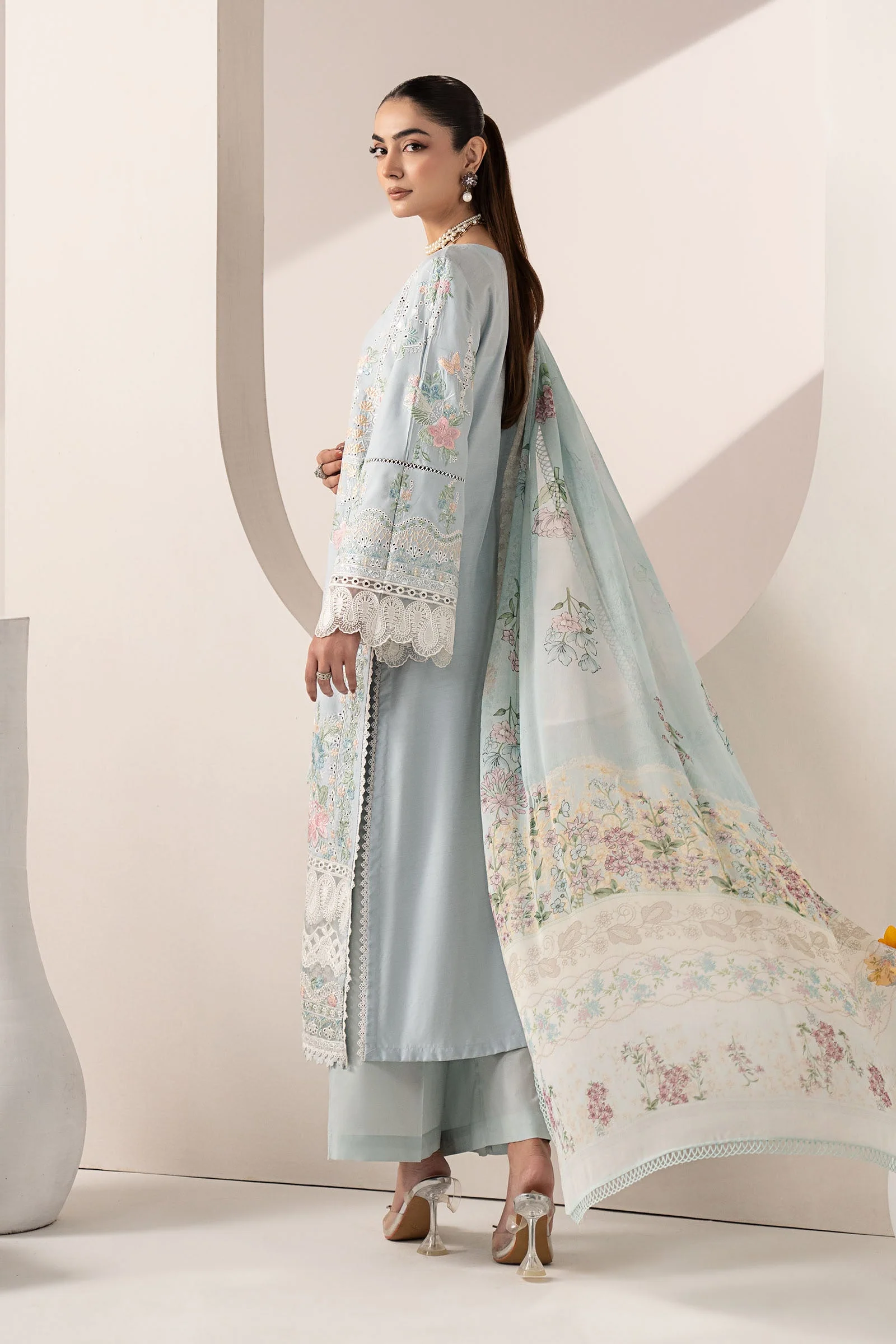 3 Piece Embroidered Paper Silk Suit - Image 8