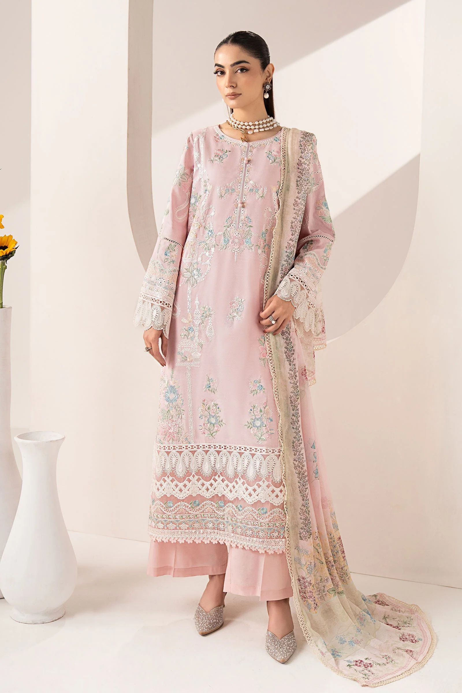 3 Piece Embroidered Paper Silk Suit