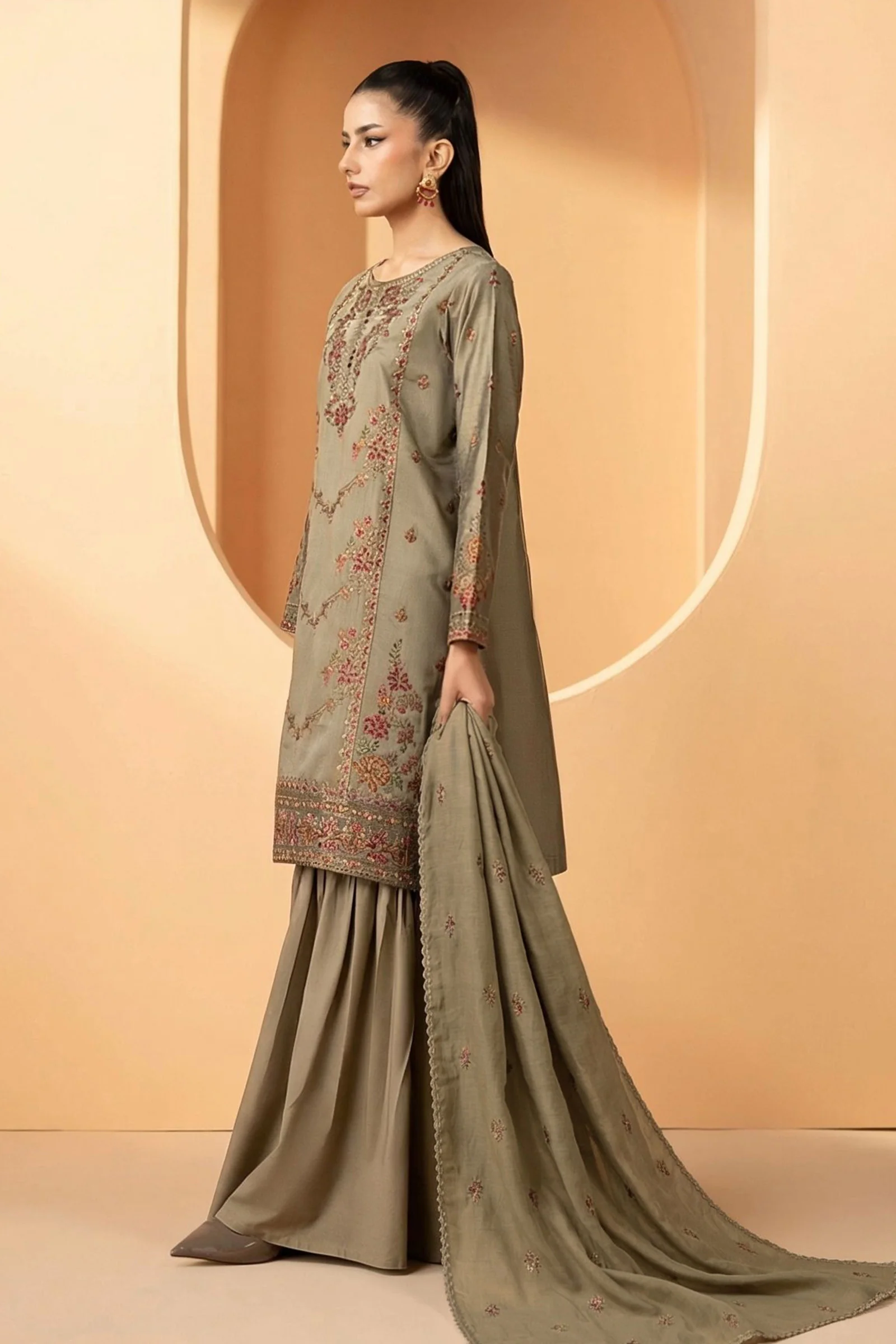 3 Piece Embroidered Double Warp Silk Suit - Image 4