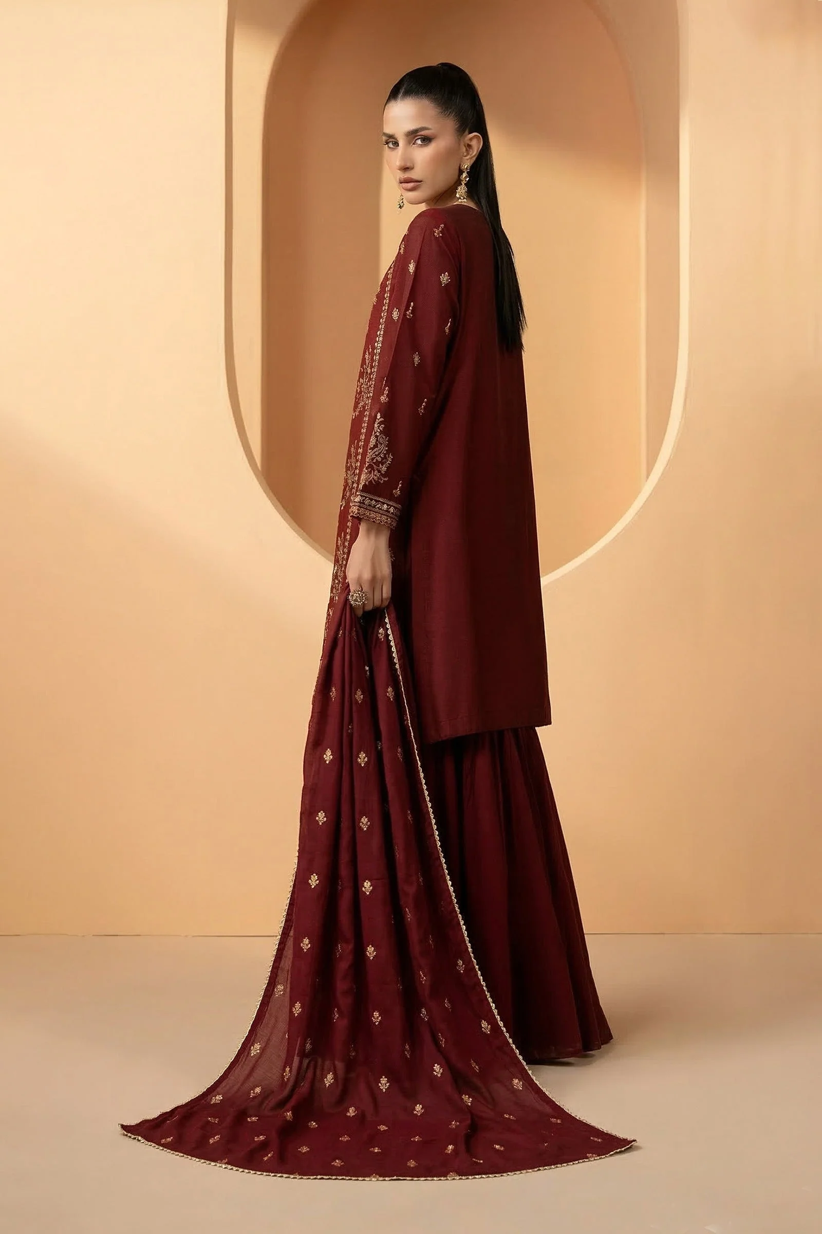 3 Piece Embroidered Double Warp Silk Suit - Image 6