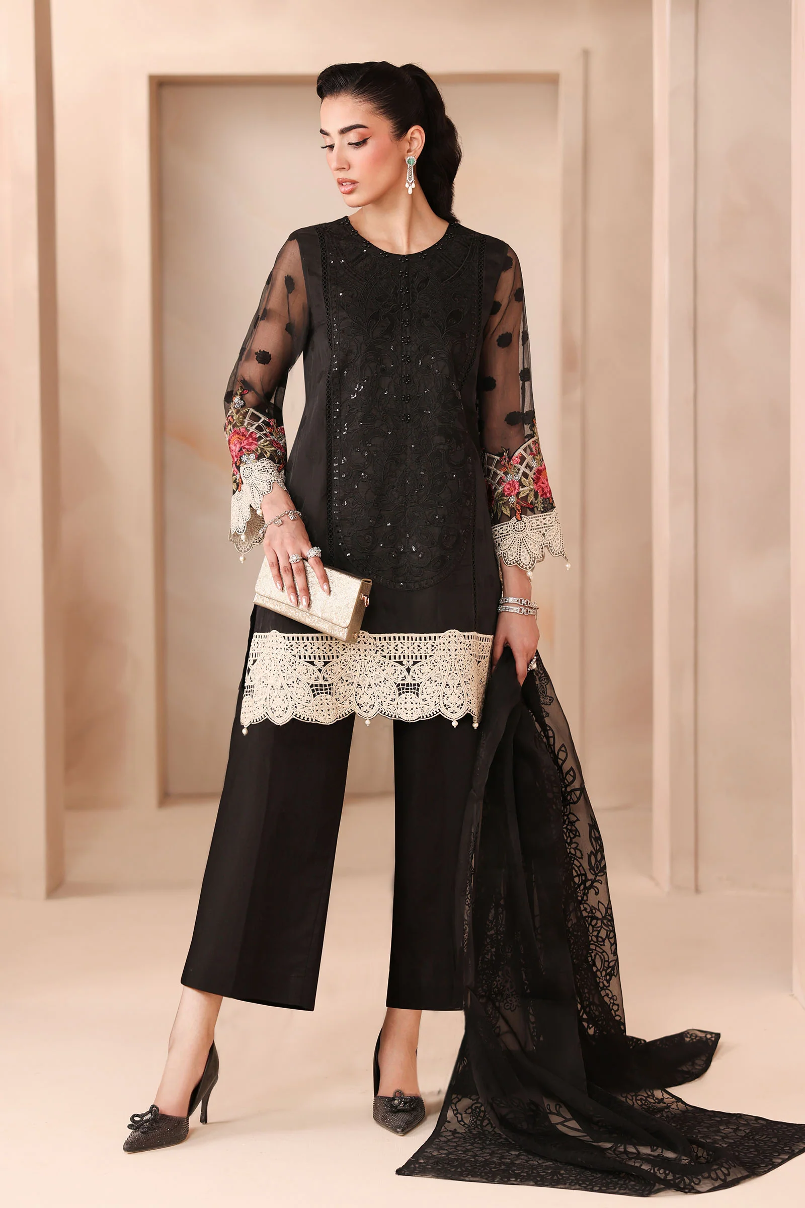 3 Piece Embroidered Organza Jacquard Suit