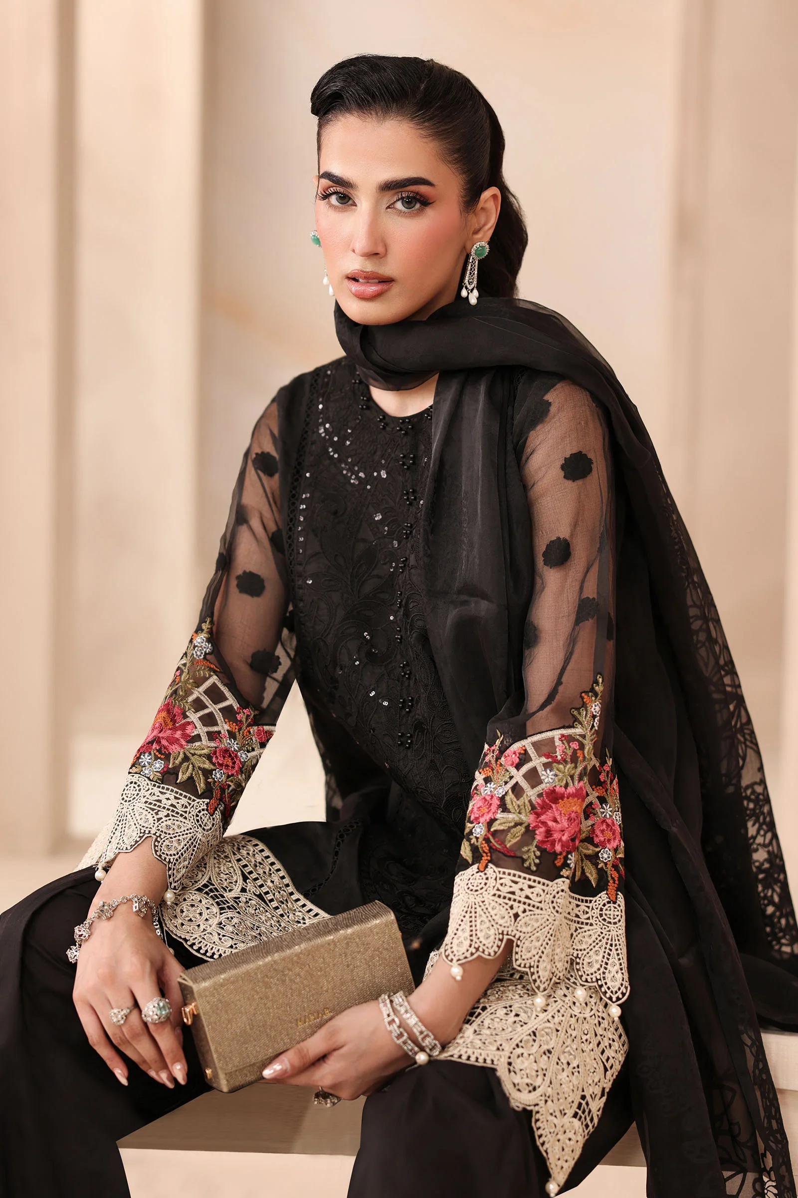 3 Piece Embroidered Organza Jacquard Suit - Image 2