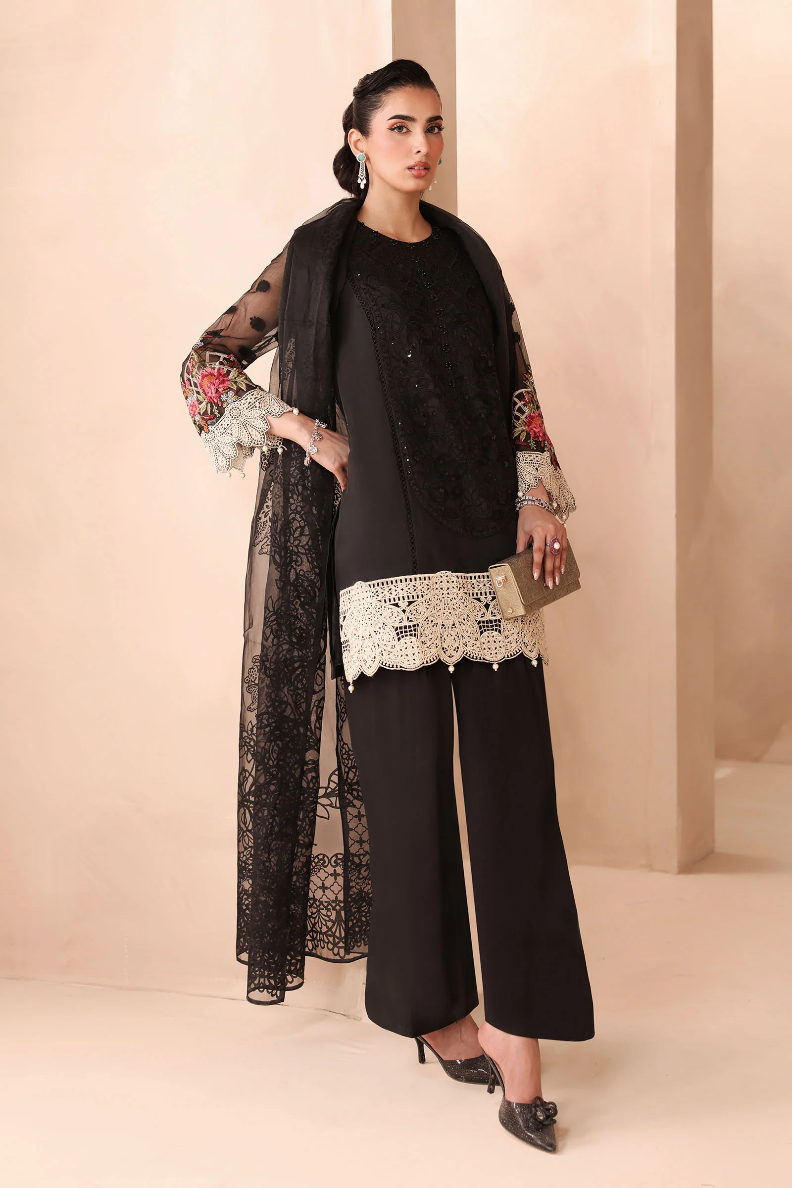 3 Piece Embroidered Organza Jacquard Suit - Image 3