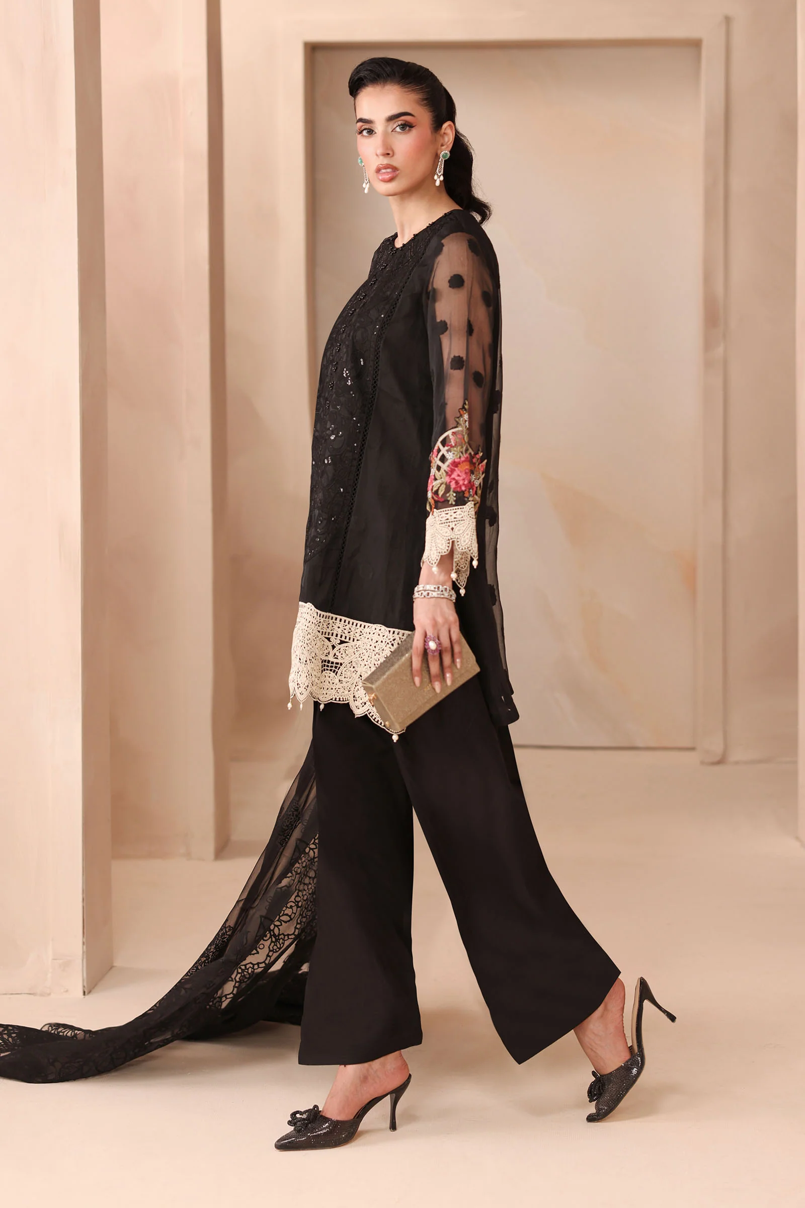 3 Piece Embroidered Organza Jacquard Suit - Image 4