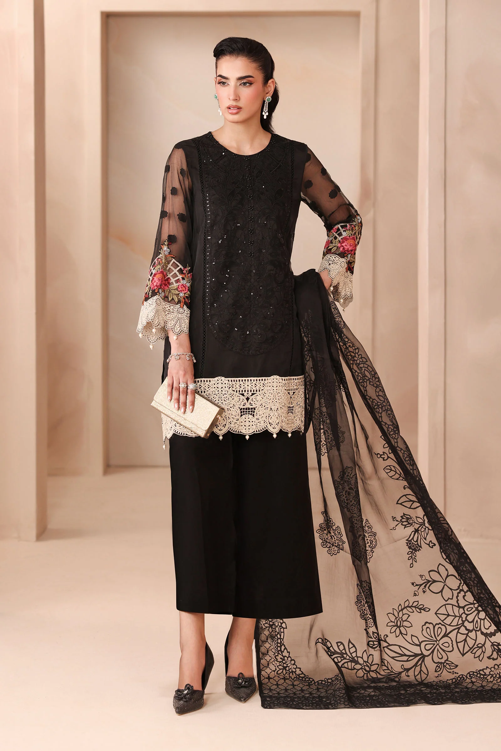 3 Piece Embroidered Organza Jacquard Suit - Image 6