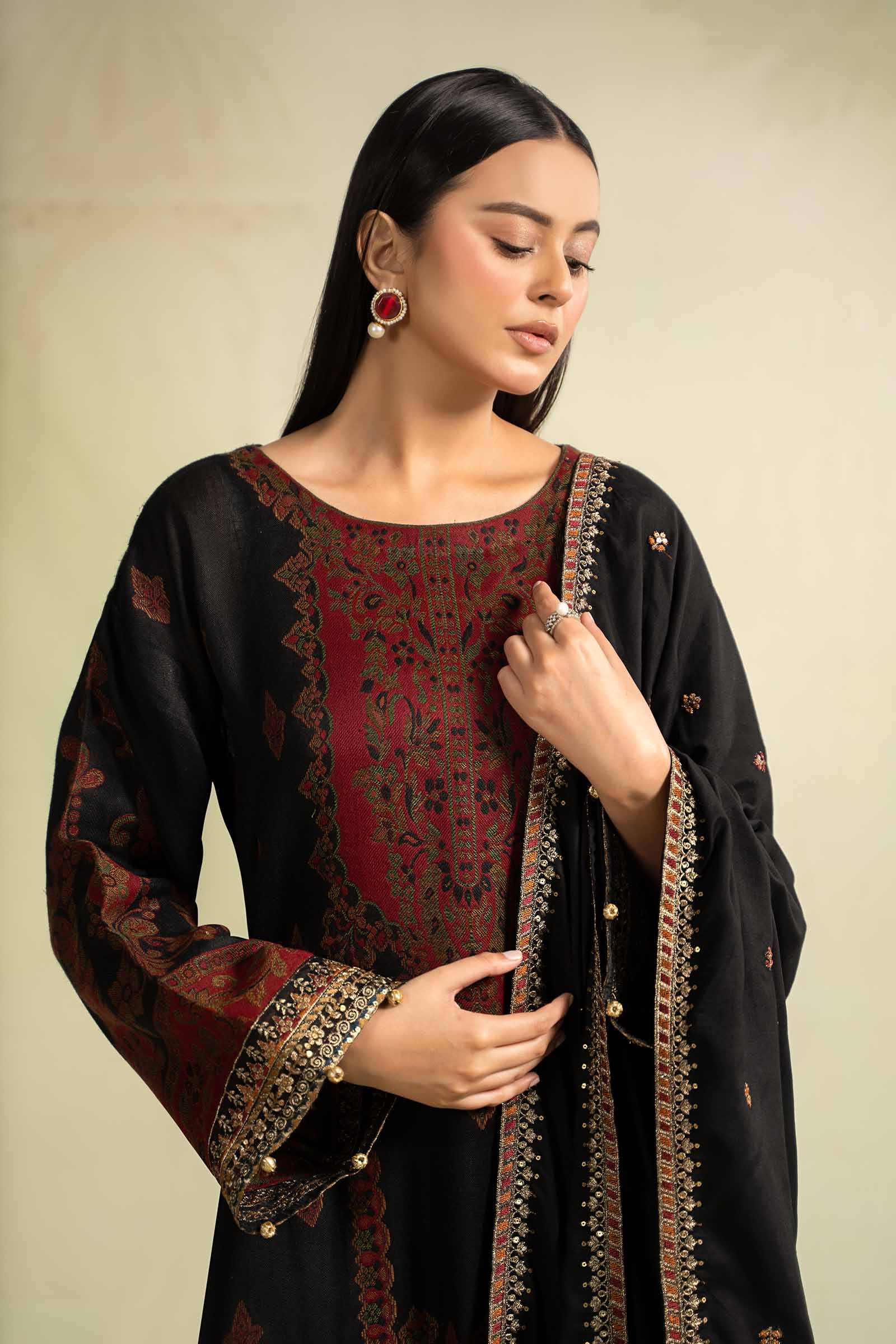3 Piece Embroidered Woven Khadi Suit - Image 2