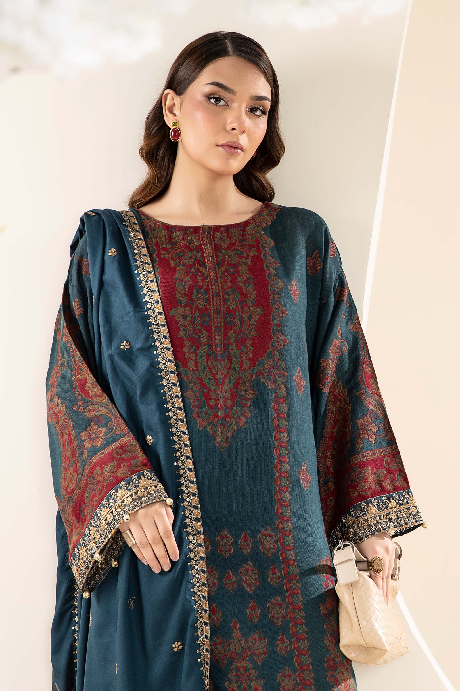 3 Piece Embroidered Woven Khadi Suit - Image 2