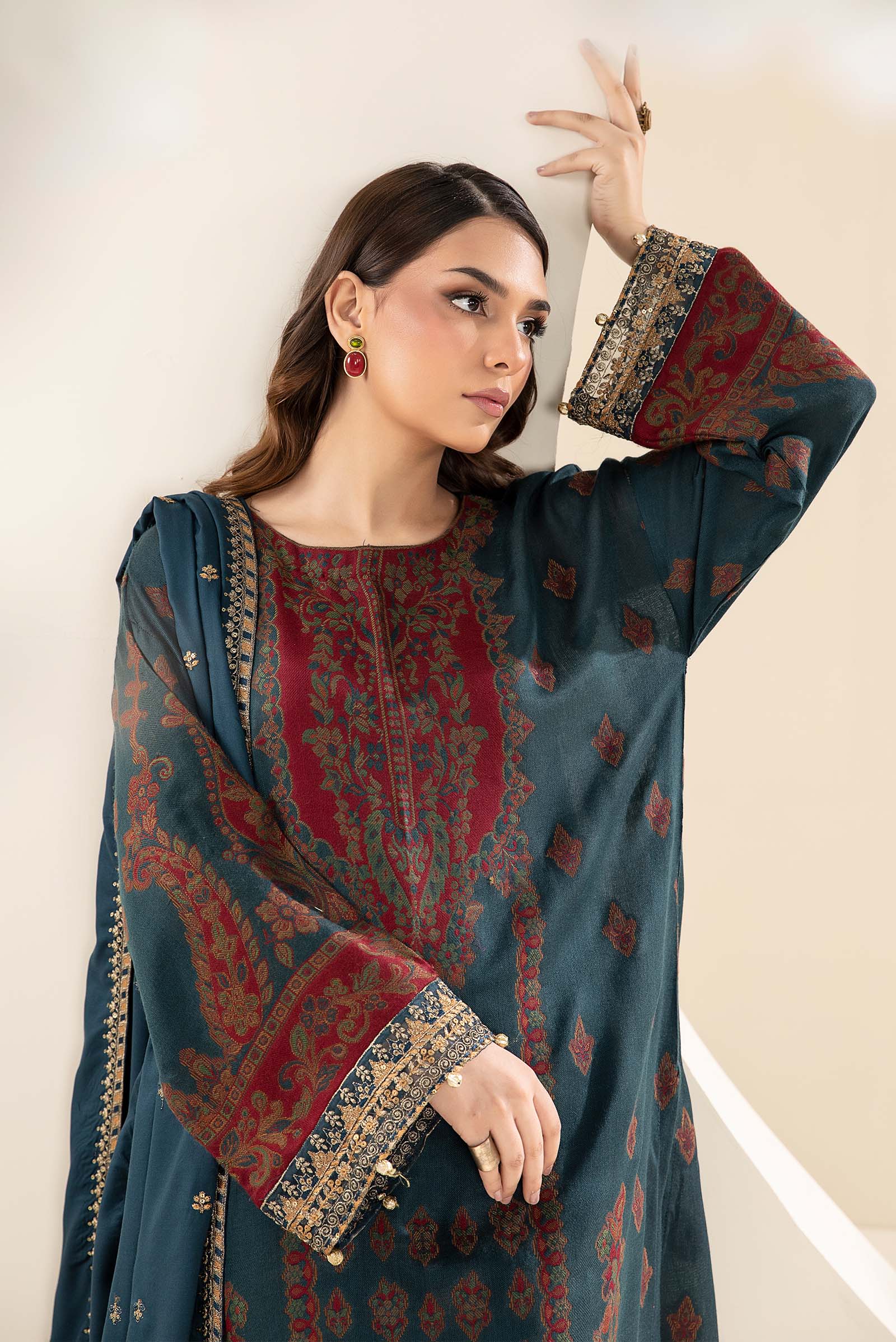 3 Piece Embroidered Woven Khadi Suit - Image 3