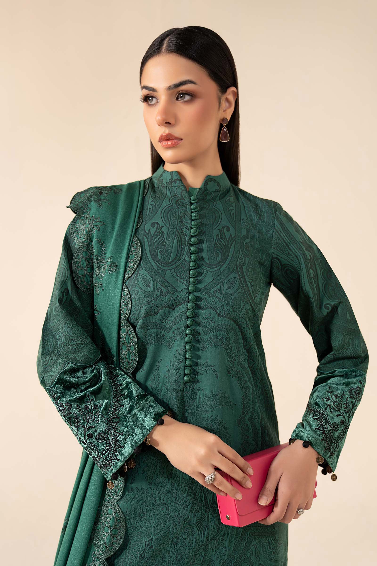 3 Piece Embroidered Cotton Jacquard Suit - Image 2