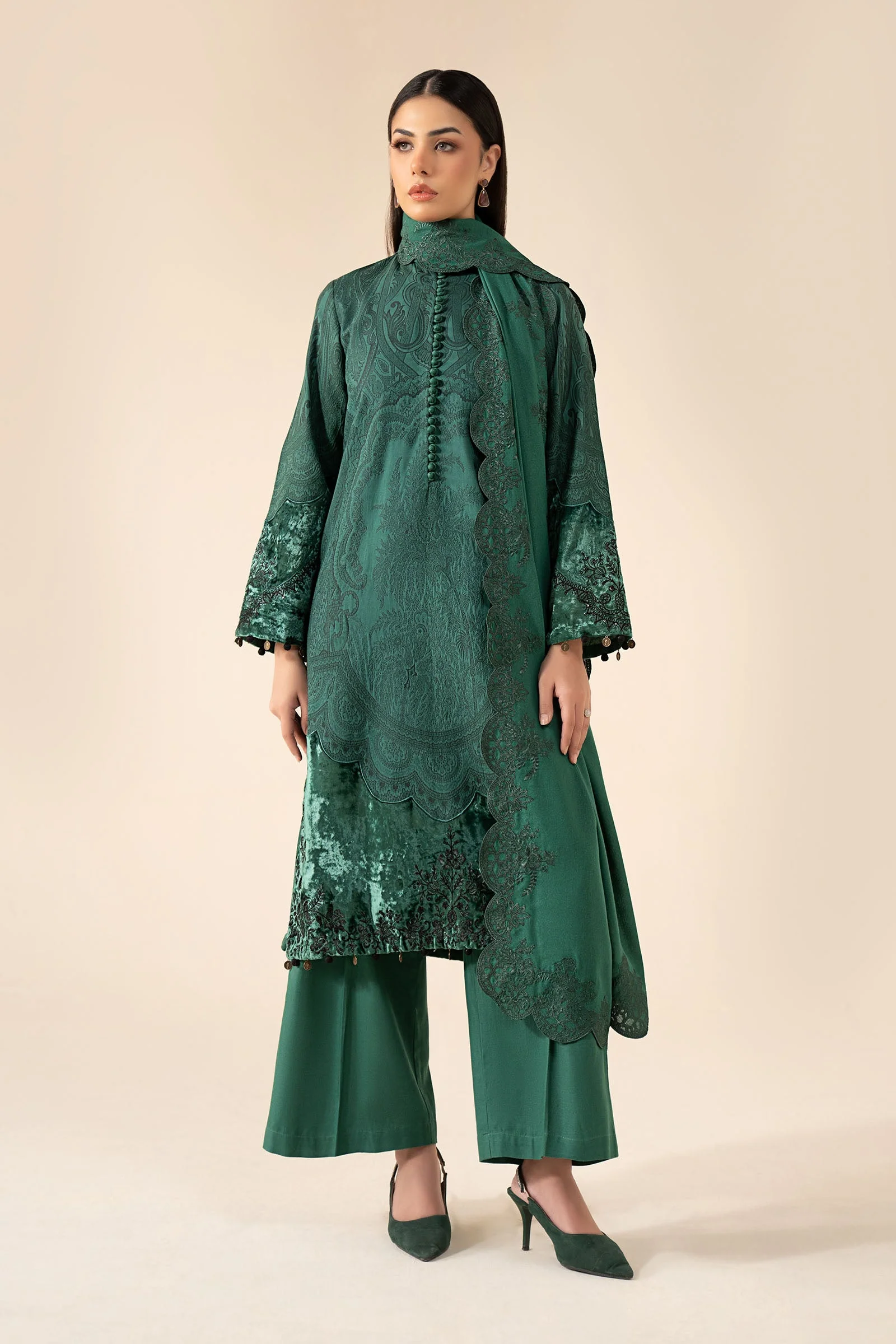 3 Piece Embroidered Cotton Jacquard Suit - Image 3
