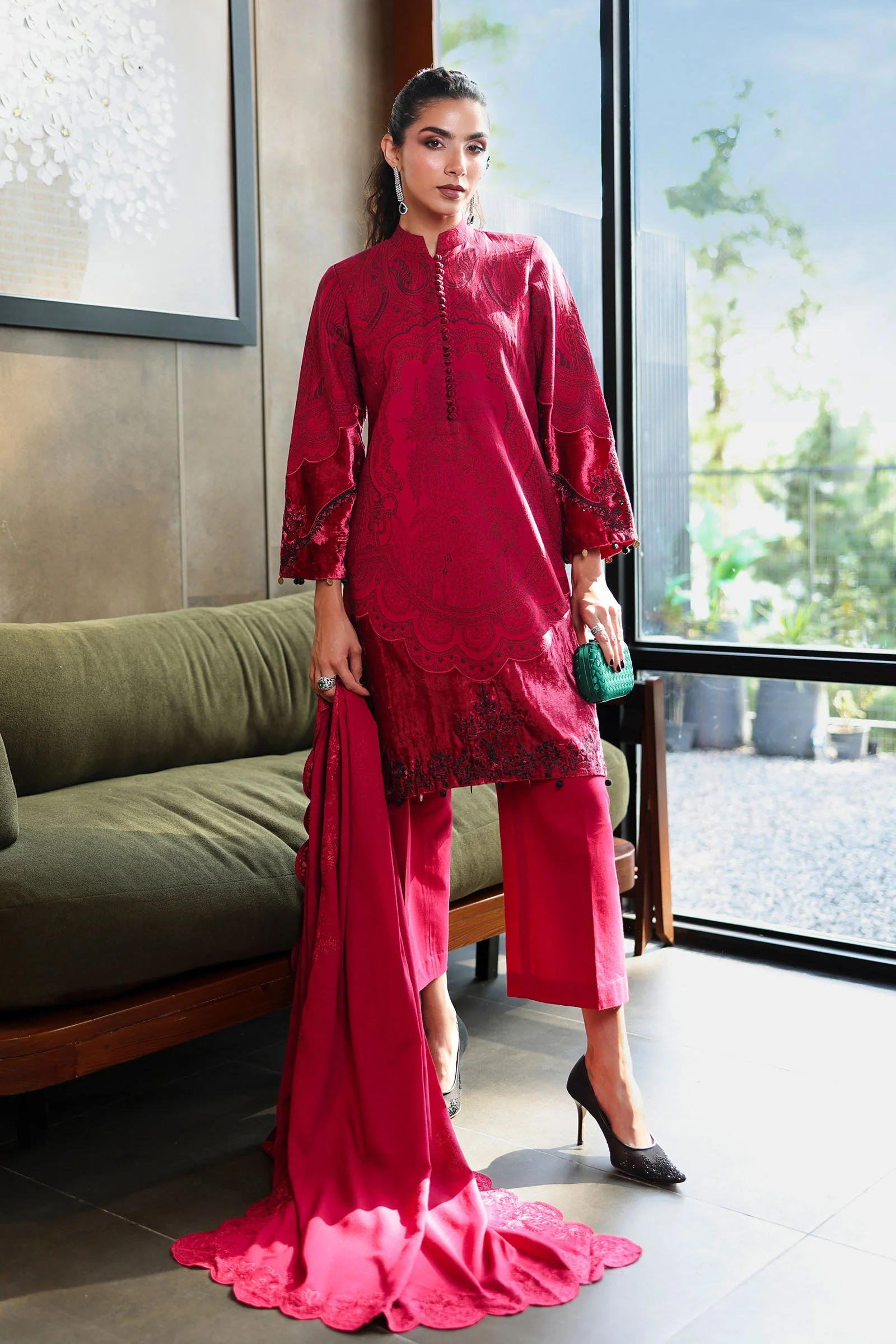 3 Piece Embroidered Cotton Jacquard Suit - Image 3