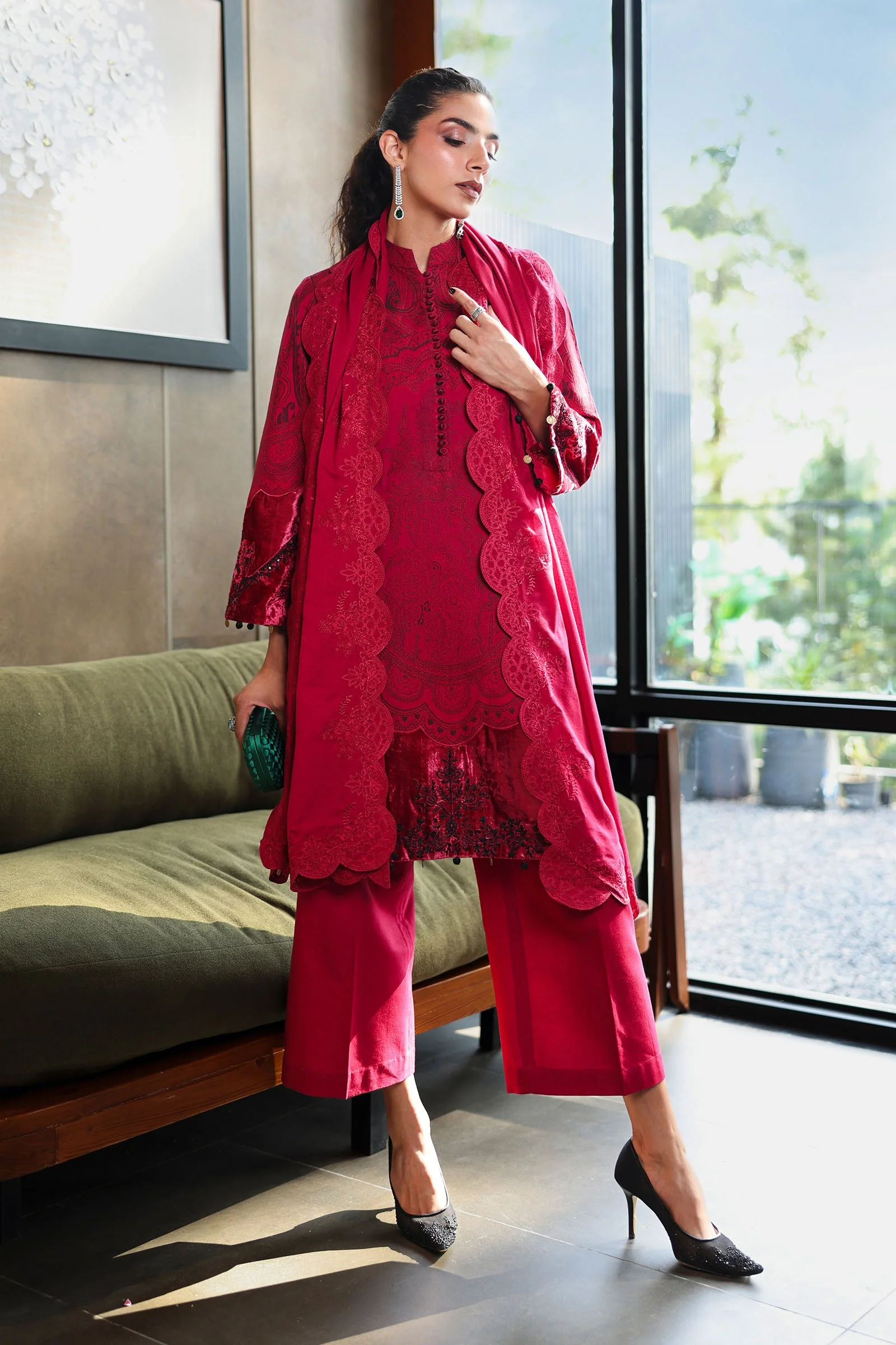 3 Piece Embroidered Cotton Jacquard Suit - Image 5