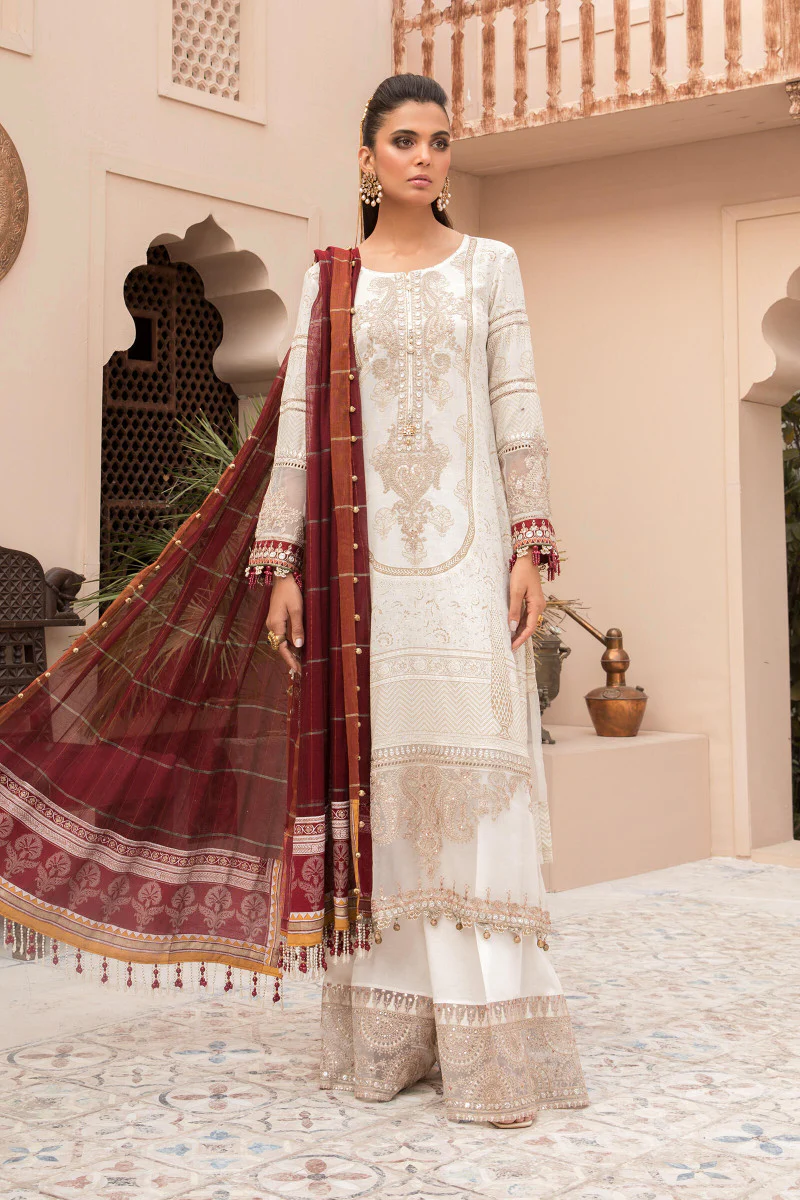 Unstitched Lawn EL-21-01-Ivory White and Maroon