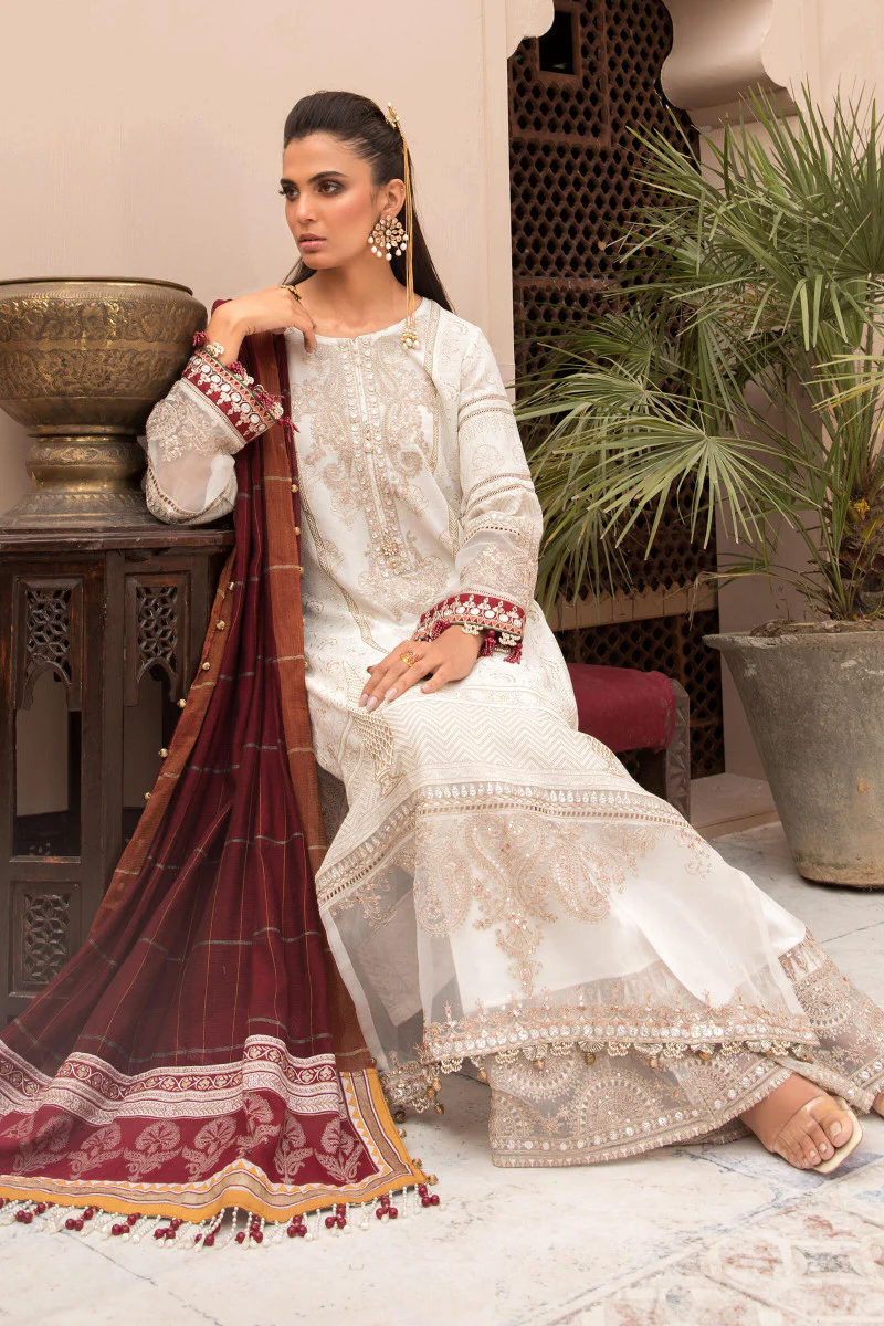 Unstitched Lawn EL-21-01-Ivory White and Maroon - Image 2
