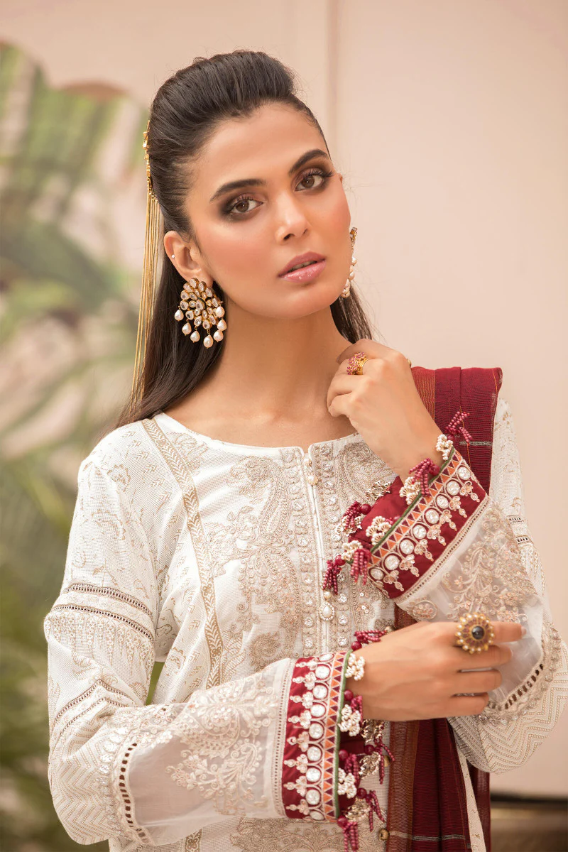 Unstitched Lawn EL-21-01-Ivory White and Maroon - Image 4
