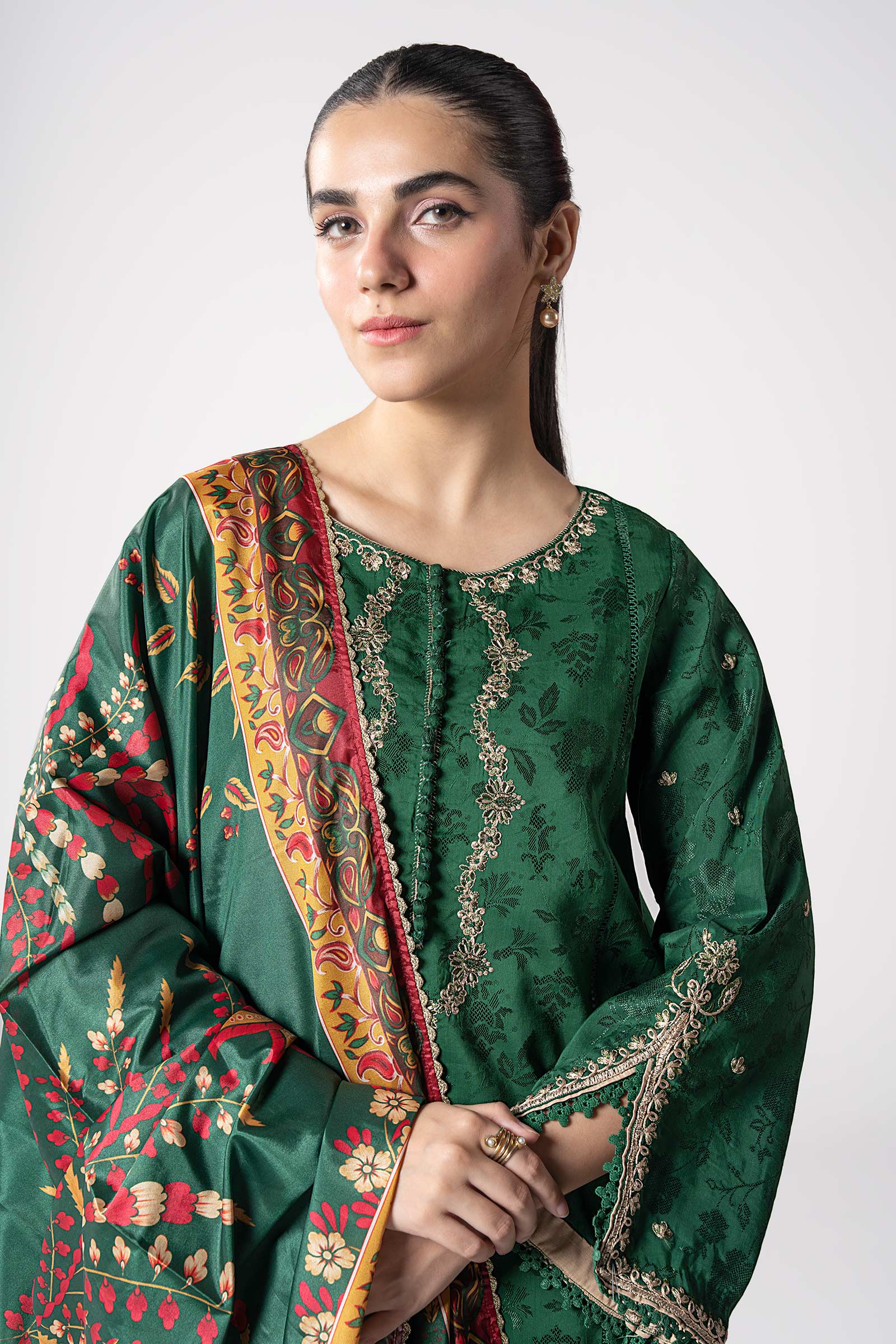 2 Pc Embroidered Self Textured Dobby Viscose Suit - Image 3