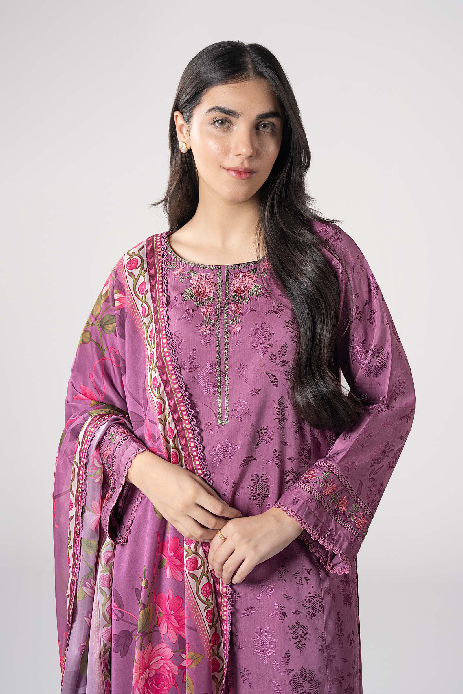 2 Pc Embroidered Self Textured Dobby Viscose Suit - Image 2