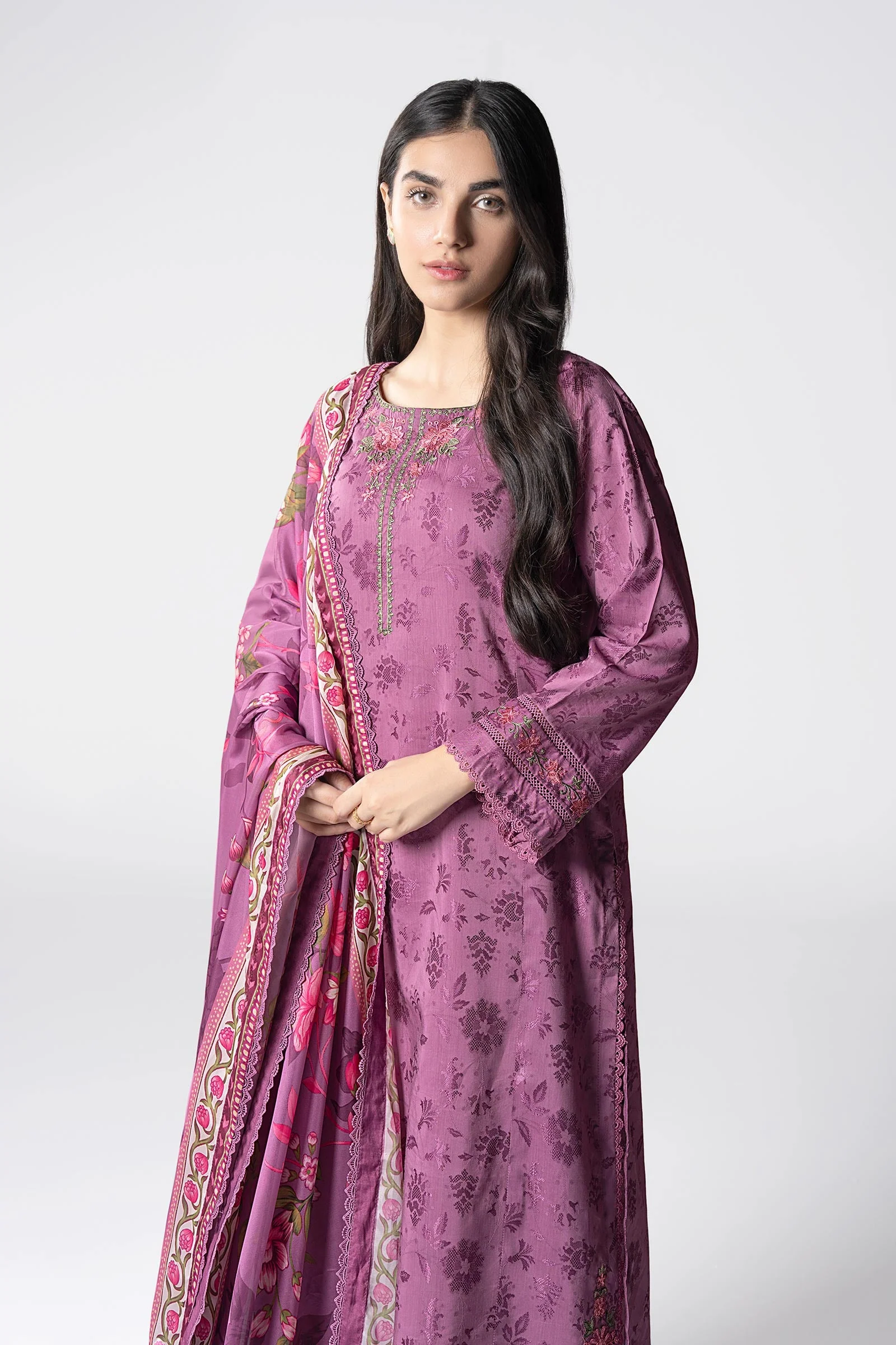 2 Pc Embroidered Self Textured Dobby Viscose Suit - Image 3