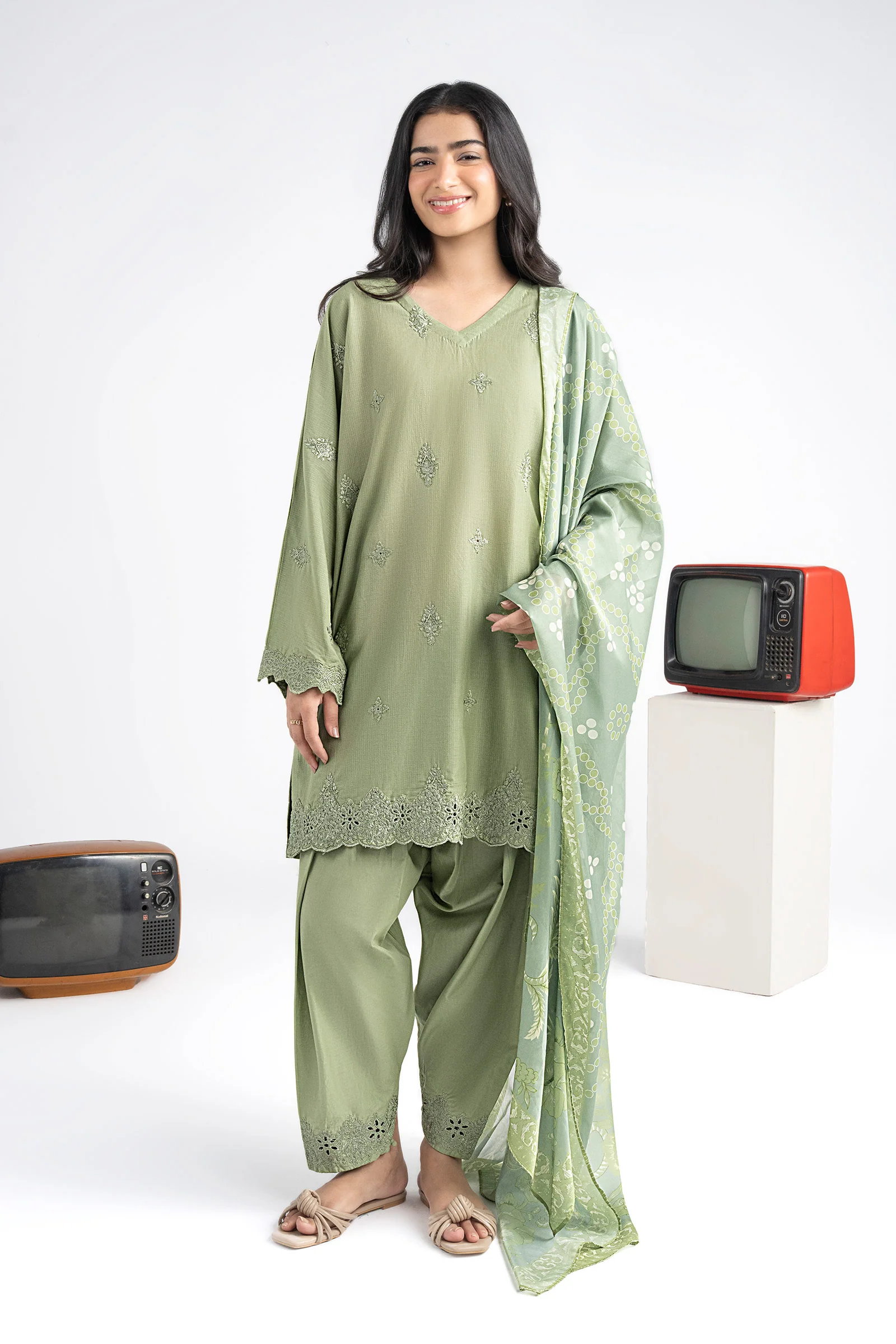 3 Pc Embroidered Lurex Stripe Suit - Image 3