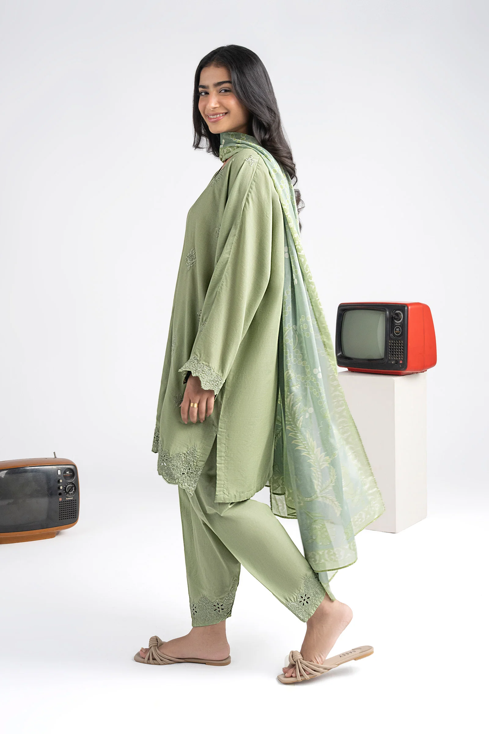 3 Pc Embroidered Lurex Stripe Suit - Image 7