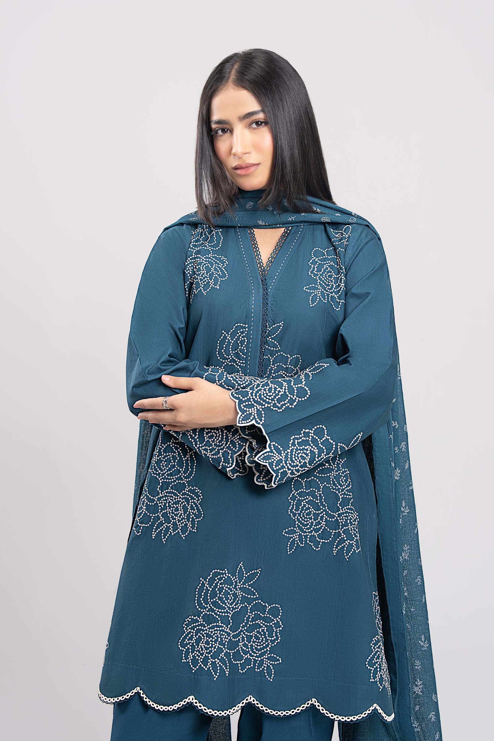 2 Pc Embroidered Textured Cotton Suit - Image 2