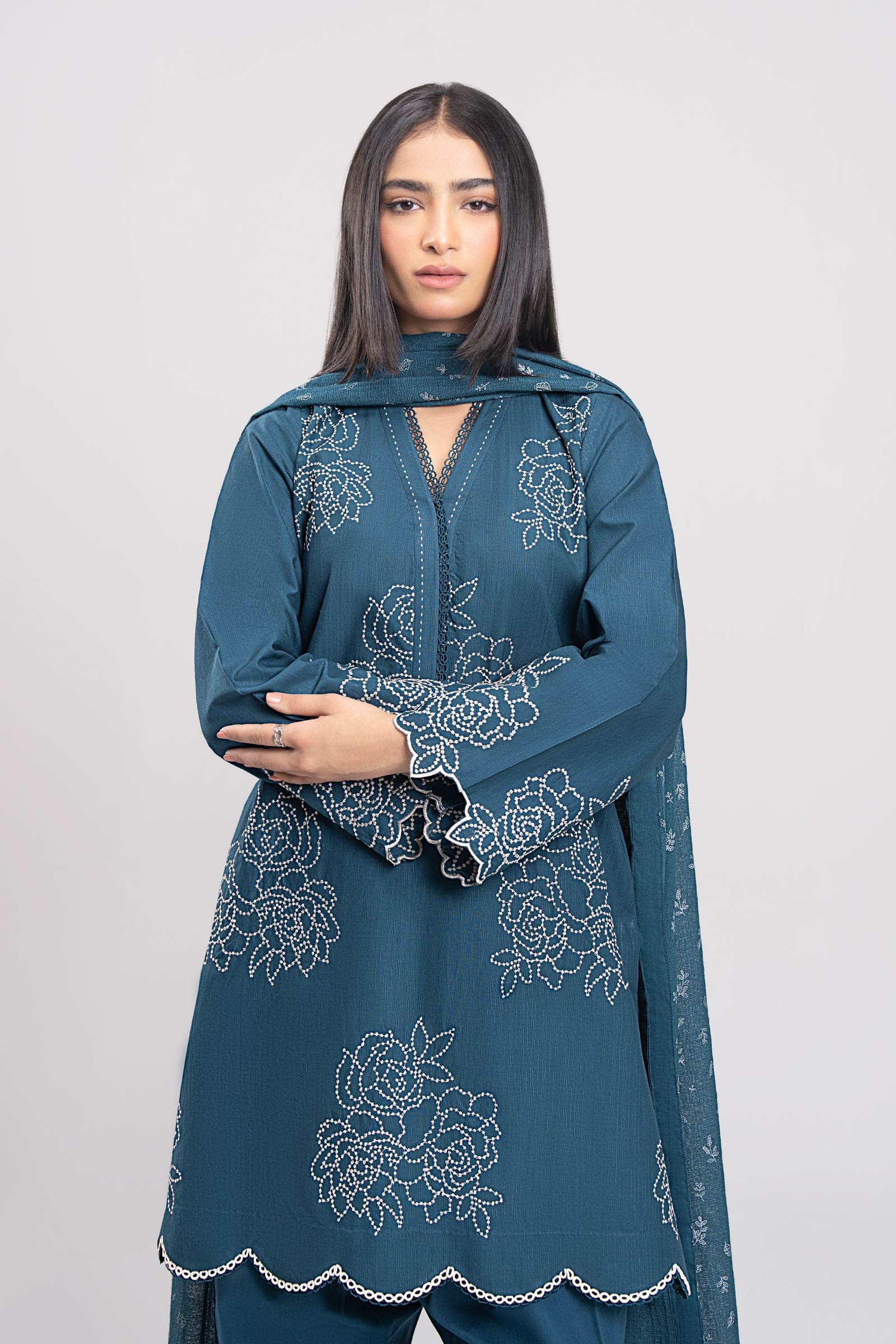 2 Pc Embroidered Textured Cotton Suit - Image 3
