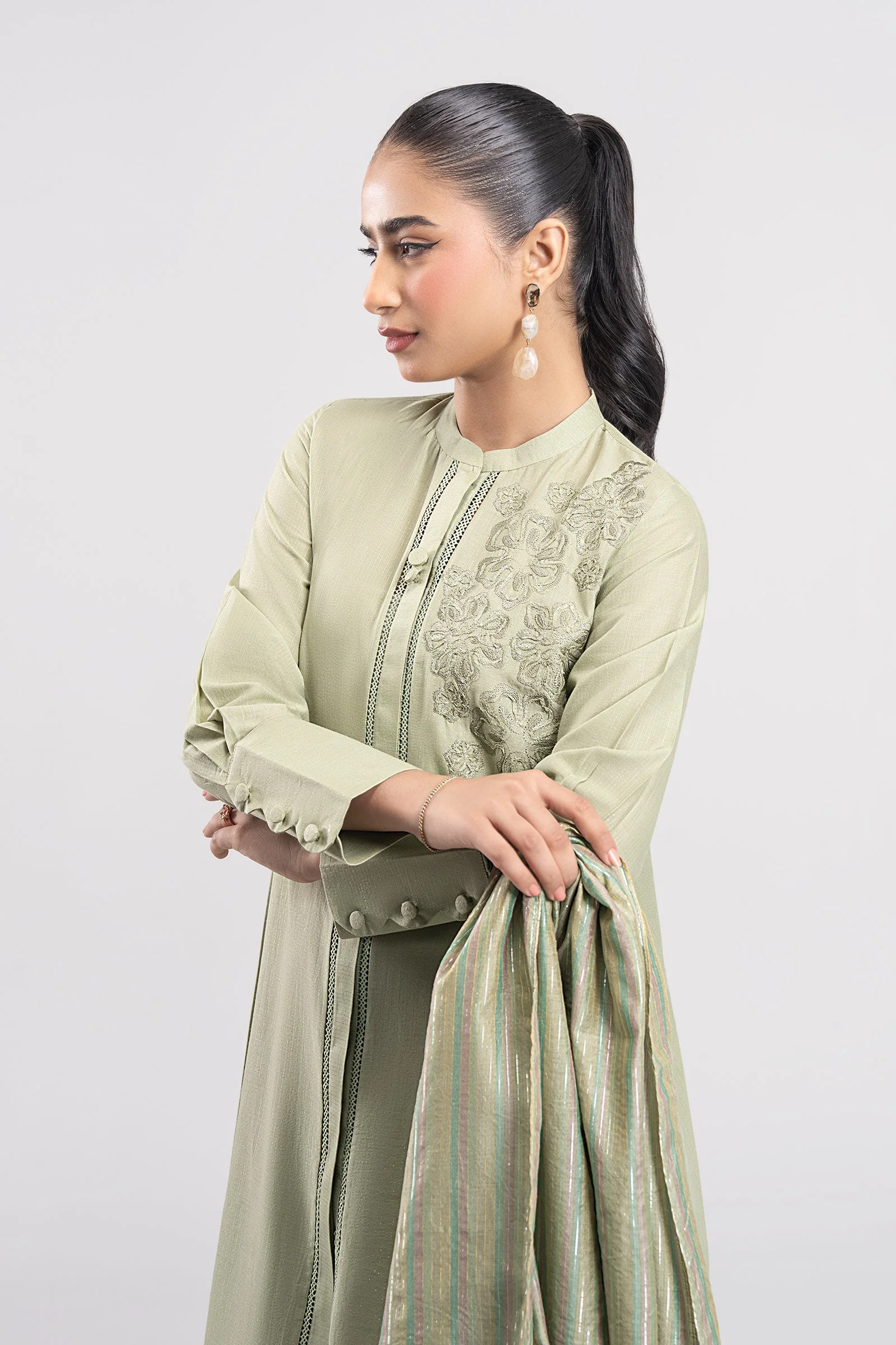 3 Pc Embroidered Lurex Cotton Suit