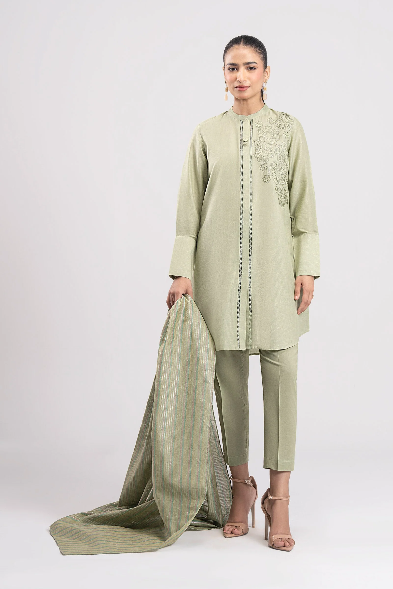 3 Pc Embroidered Lurex Cotton Suit - Image 2